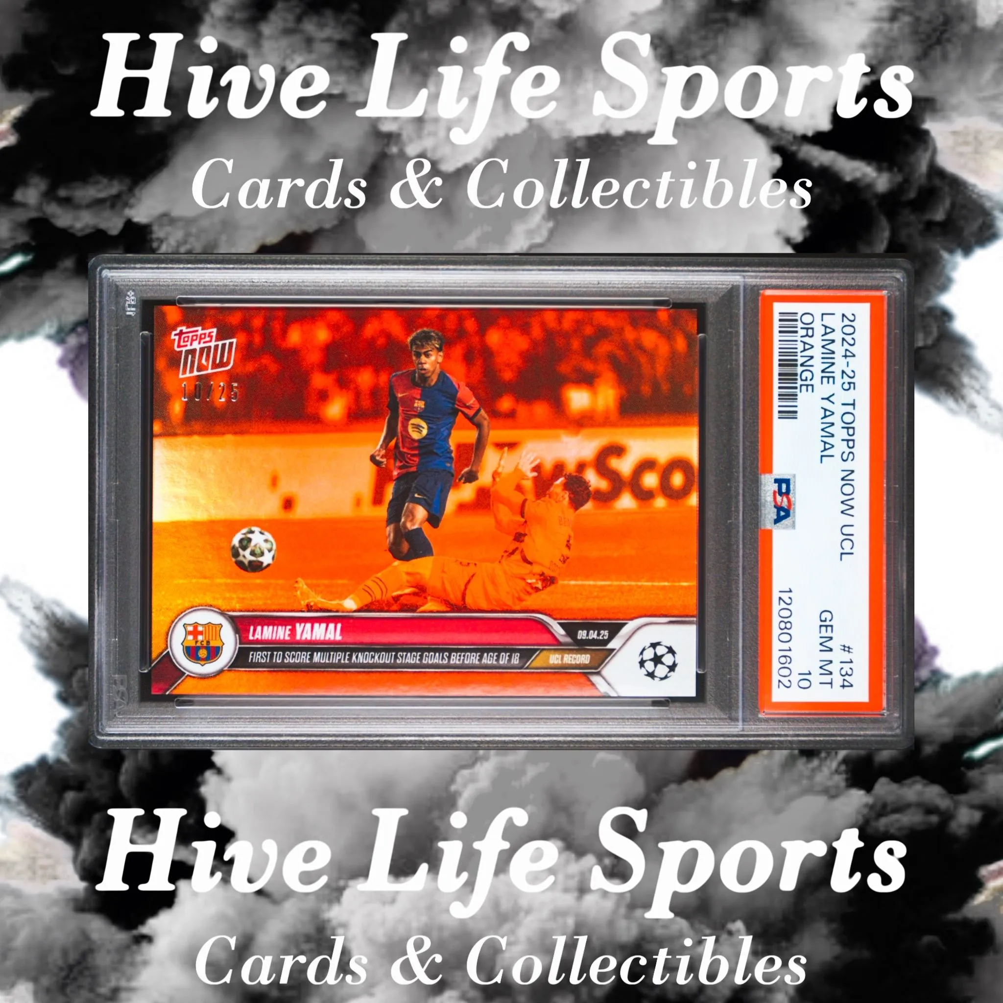 Product image for Lamine Yamal 2024-25 Topps Now UCL Orange Kit Match /25 #134 Barcelona PSA 10