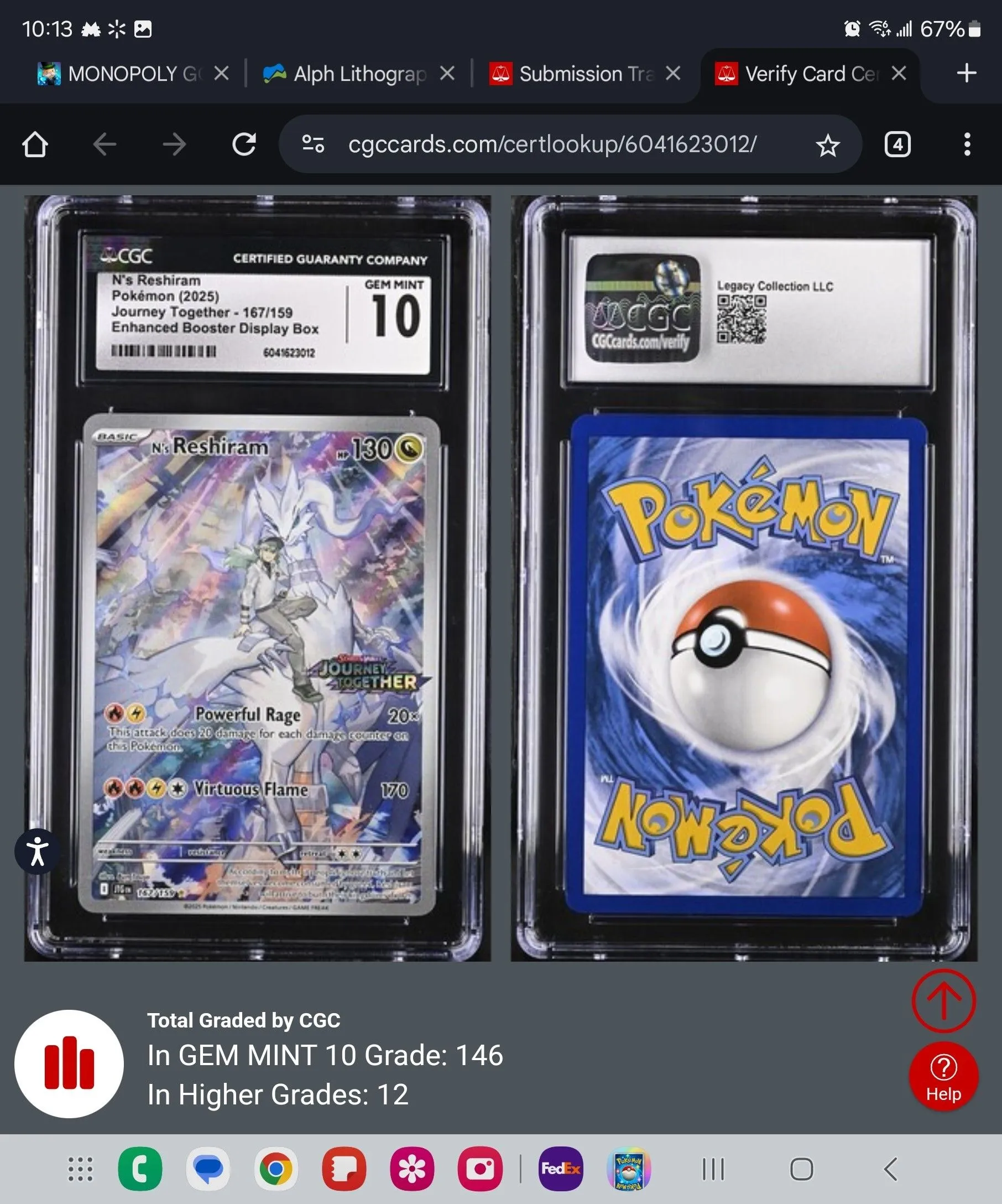 Product image for 2025 N's Reshiram - Journey Together box topper promo stamped , CGC 10.0 