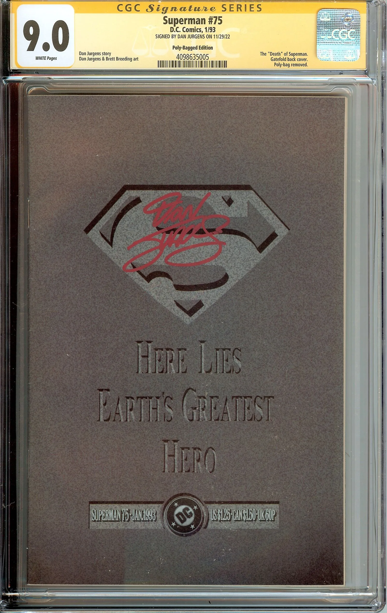 Product image for  Superman #75 Polybag Edition CGC 9.0 NM Signed by Dan Jurgens + FREE BOOKS