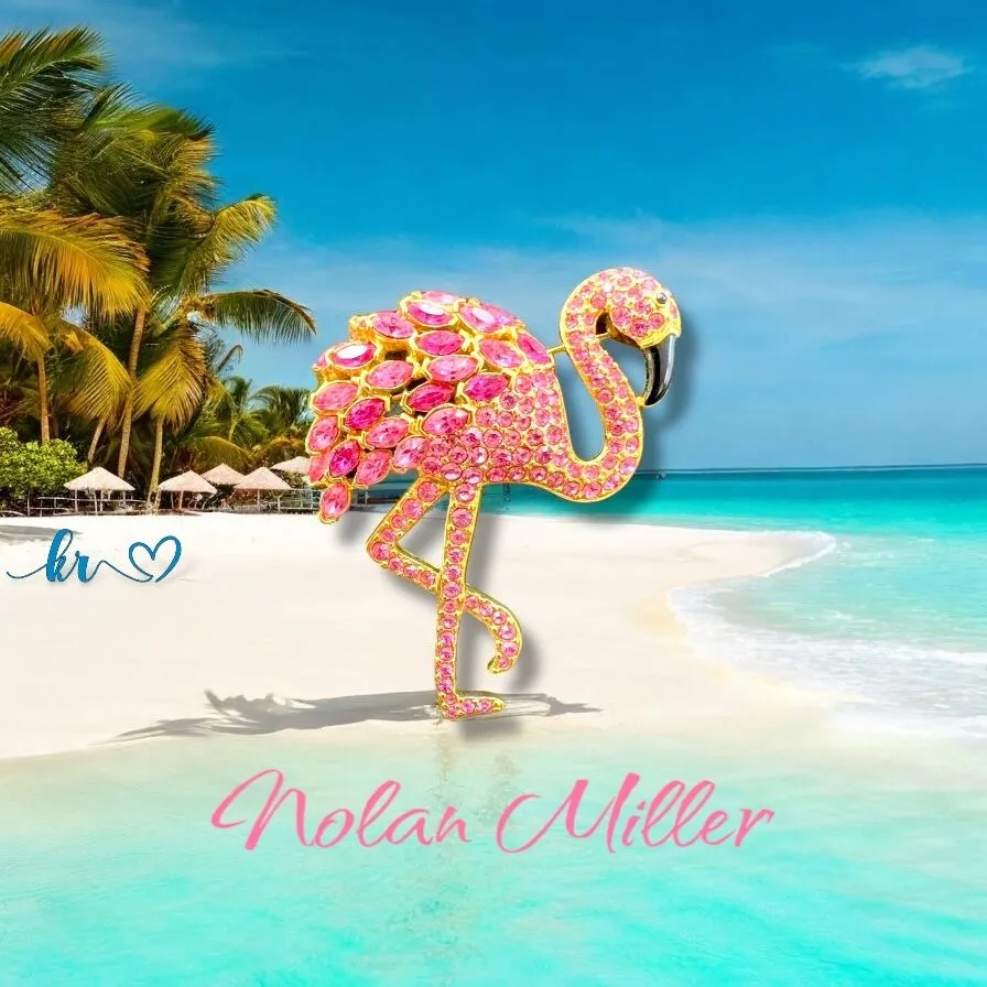 Product image for Vintage Nolan Miller Gold Tone Flamingo Brooch w/ Pink Pave' Rhinestones, 2.5"