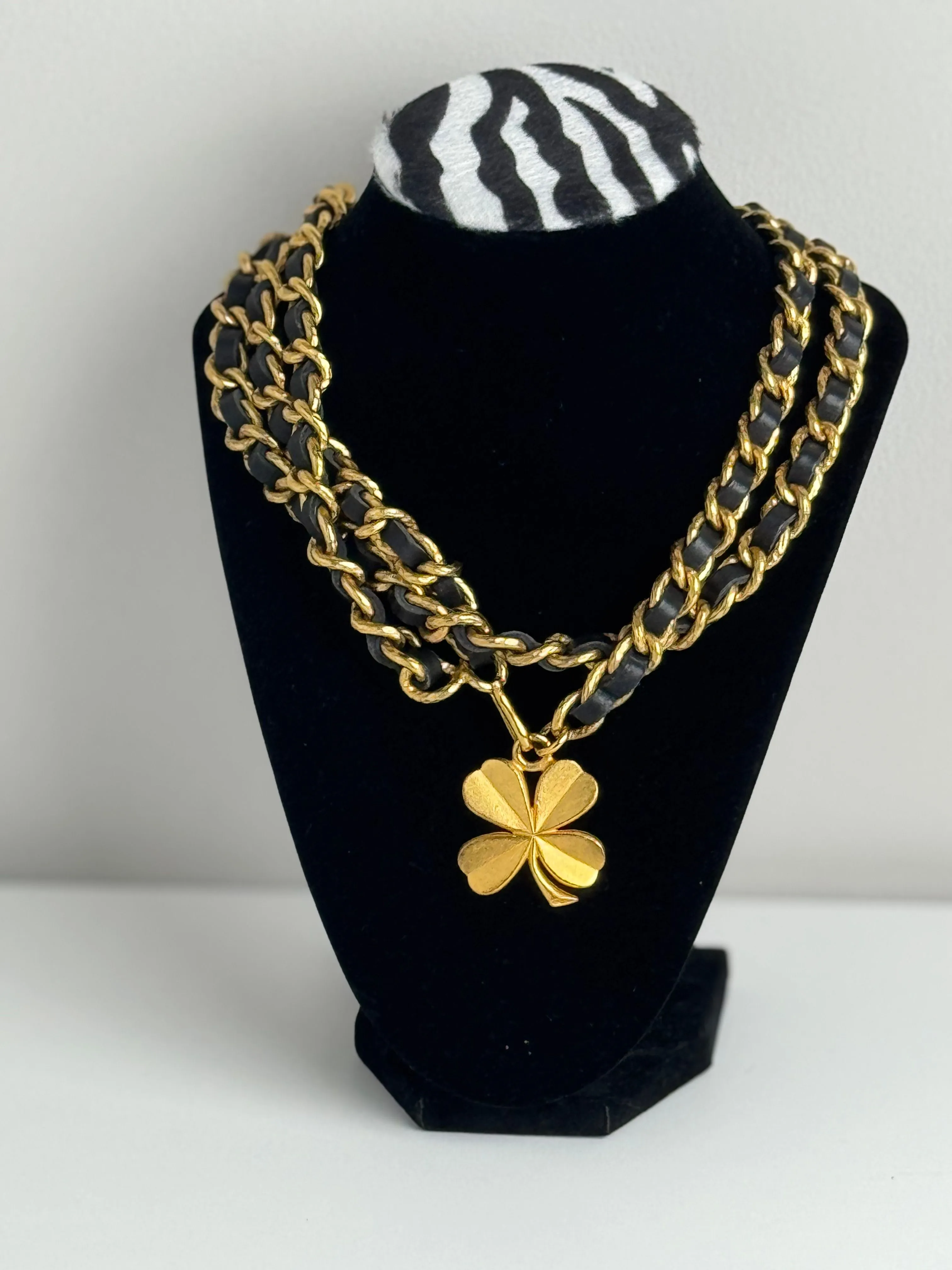 Product image for Chanel 24k Gold Plated 36' Clover Belt with Black Leather