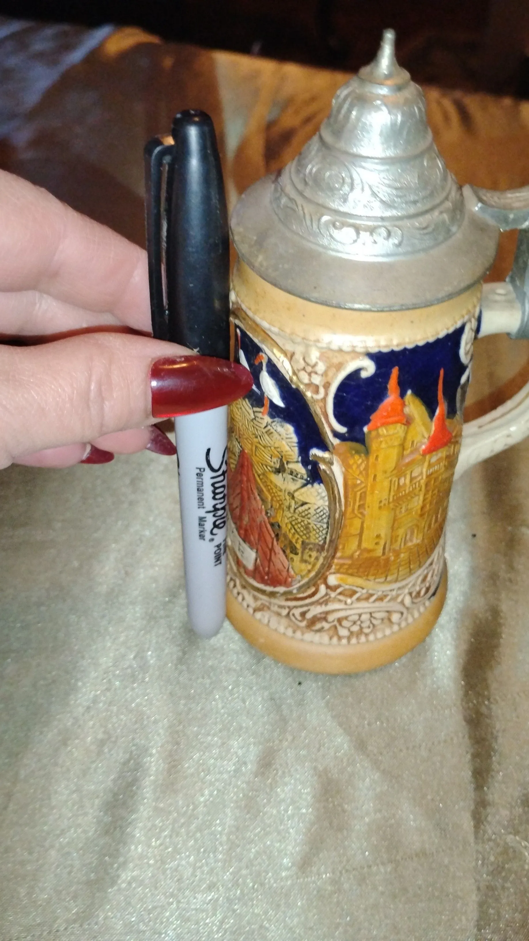 Product image for petite ceramic beer Stein Alsace Germany pewter lid
