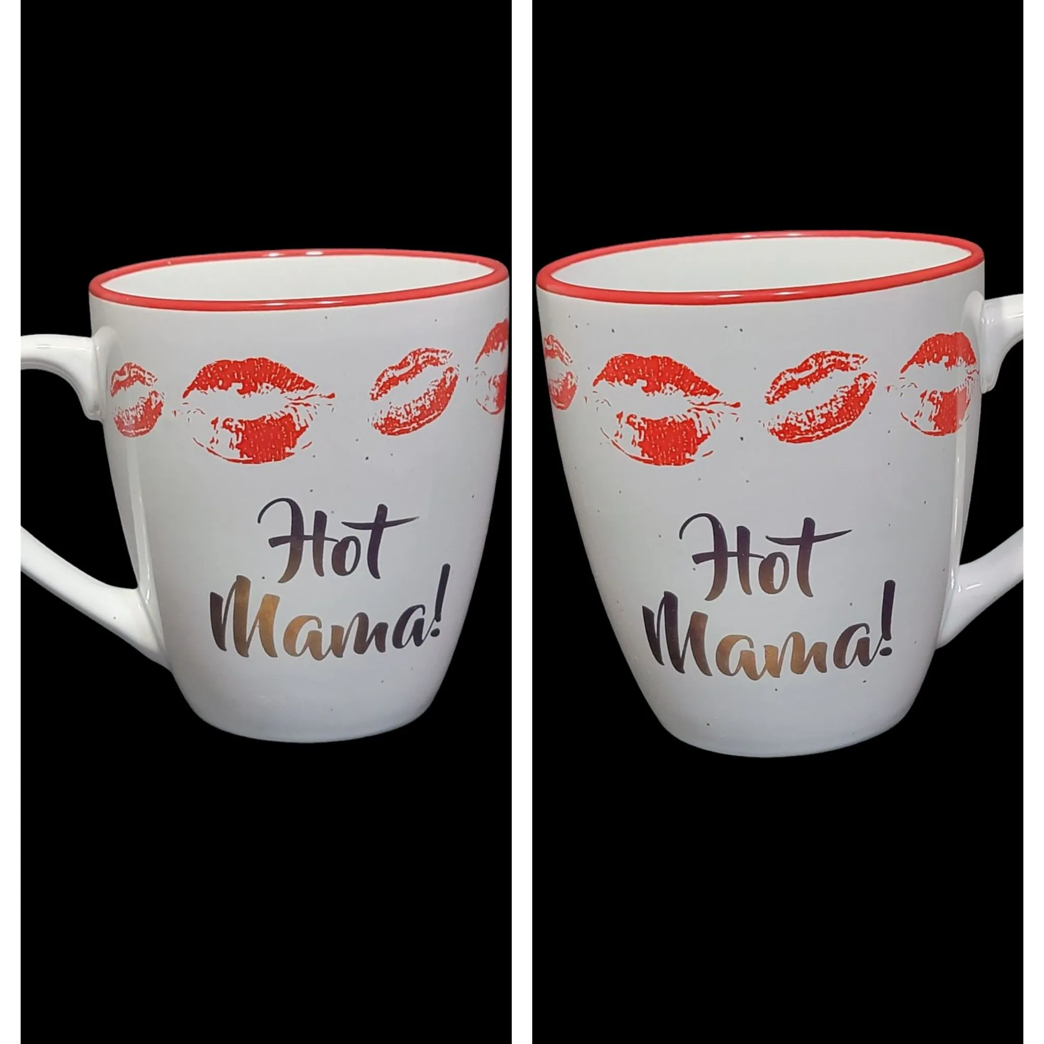 Product image for Large Speckled Ceramic Mug Hot Mama! Silver Print Red Lips Mark Coffee Cup
