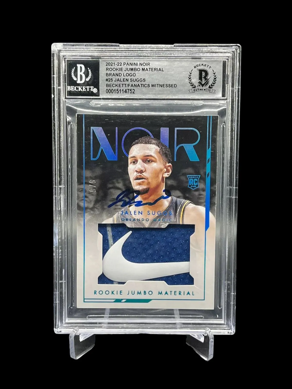 Product image for 2021-22 Panini NOIR Jalen Suggs Rookie Auto Nike Swoosh Patch /5 BGS Authentic RJM-JSG