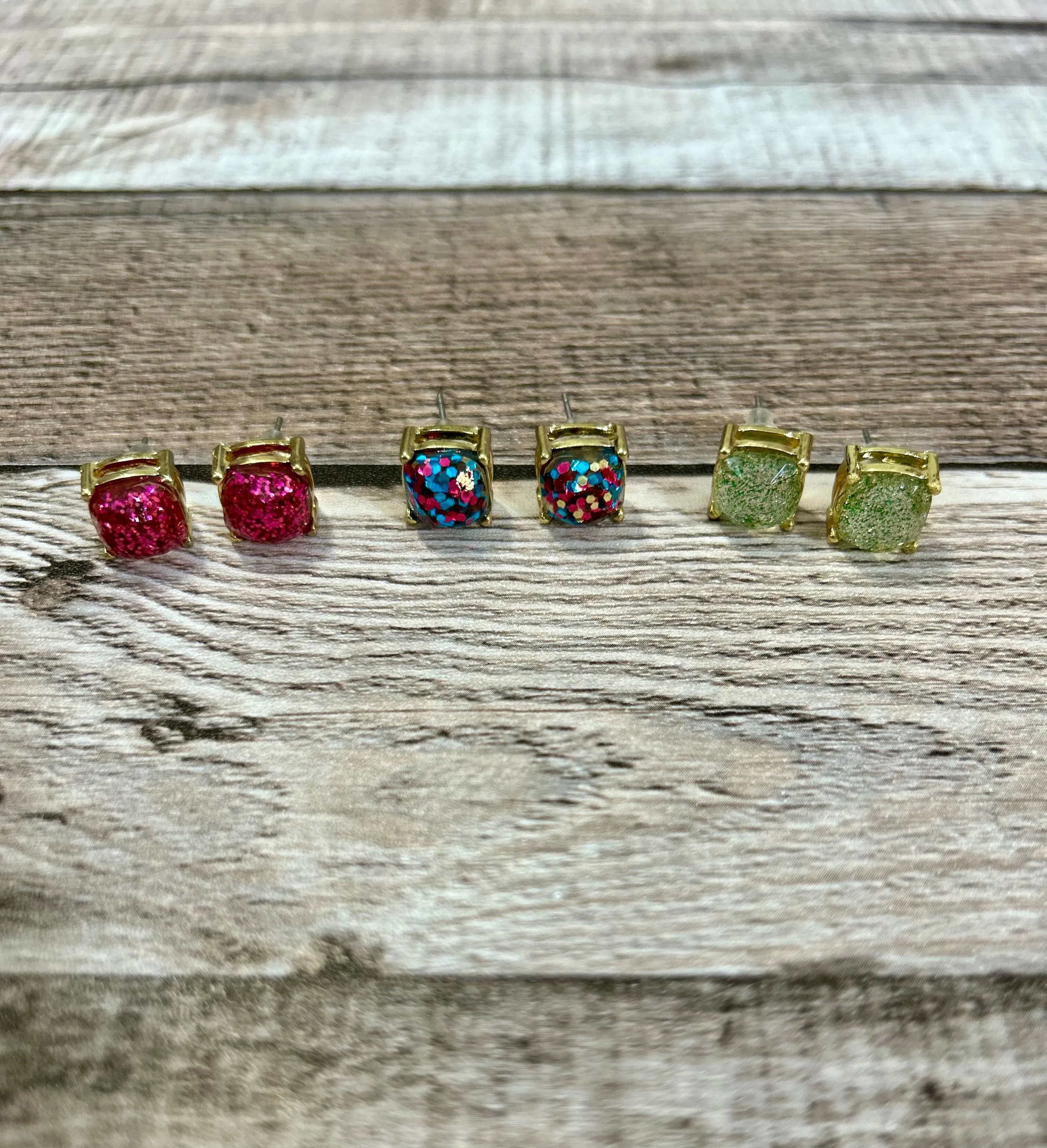 Product image for Trio of Square Stud Earrings #1 Trendy Colorful 