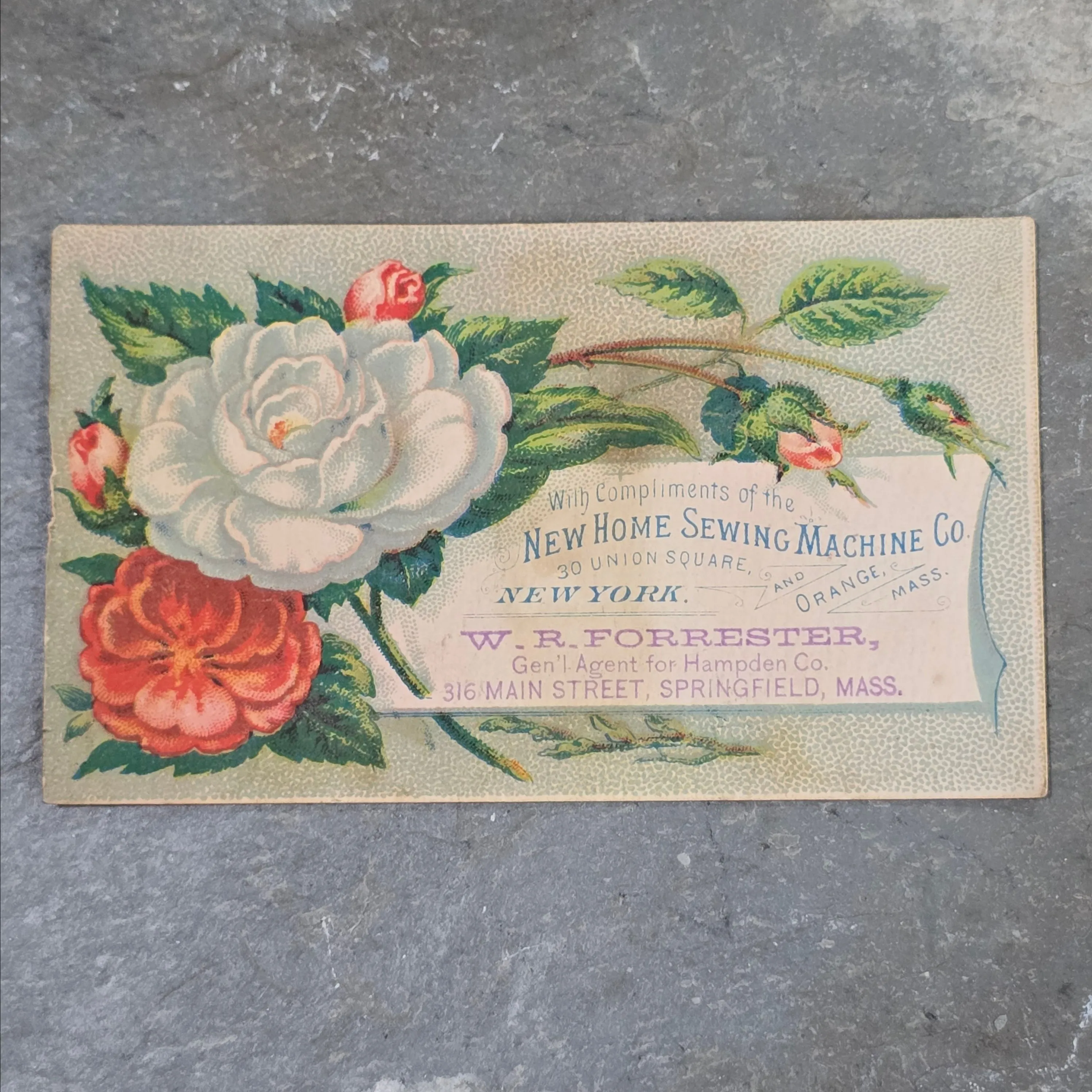 Product image for New Home Sewing Machine Co. / W.R. Forrester Springfield, MA Retailer Victorian Trade Card Floral (WNB1-78)