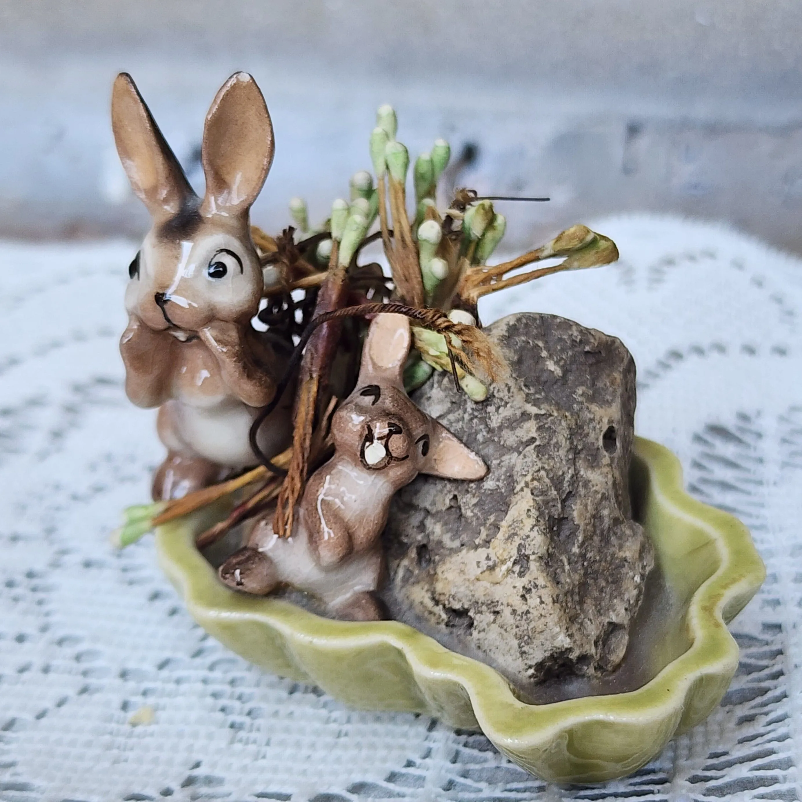 Product image for #36 Vintage Porcelain Rabbit Bunny Rock Figurine