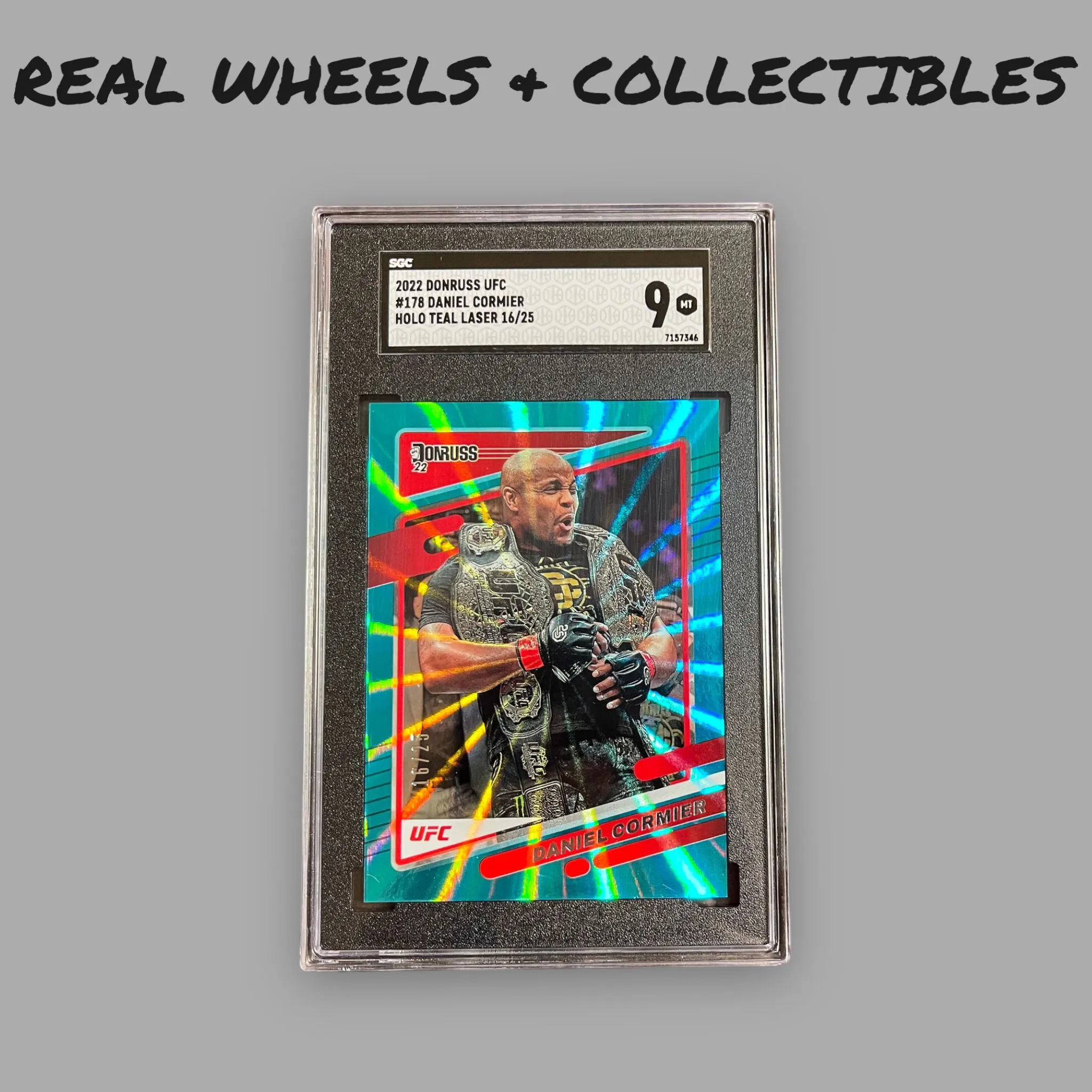 Product image for Daniel Cormier Teal Holo Laser 16/25 2022 Panini Donruss UFC #178 SGC 9 POP 1