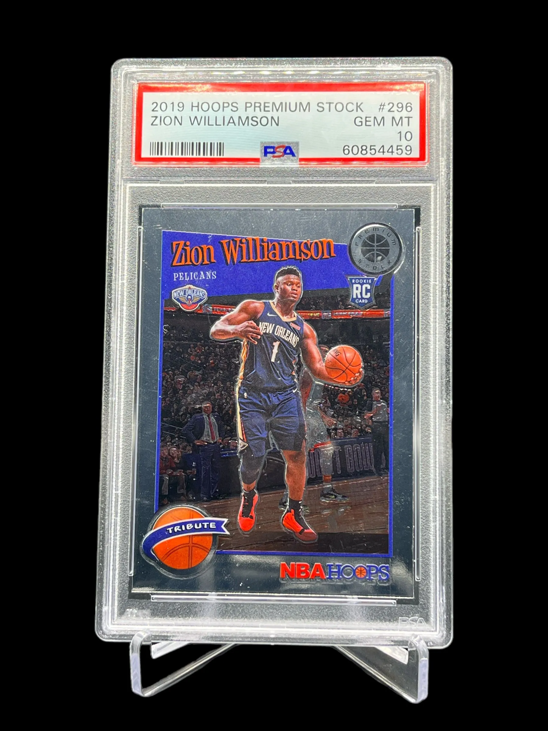 Product image for 2019-20 Panini Hoops Premium Stock Zion Williamson Tribute RC #296 PSA 10 GEM MT