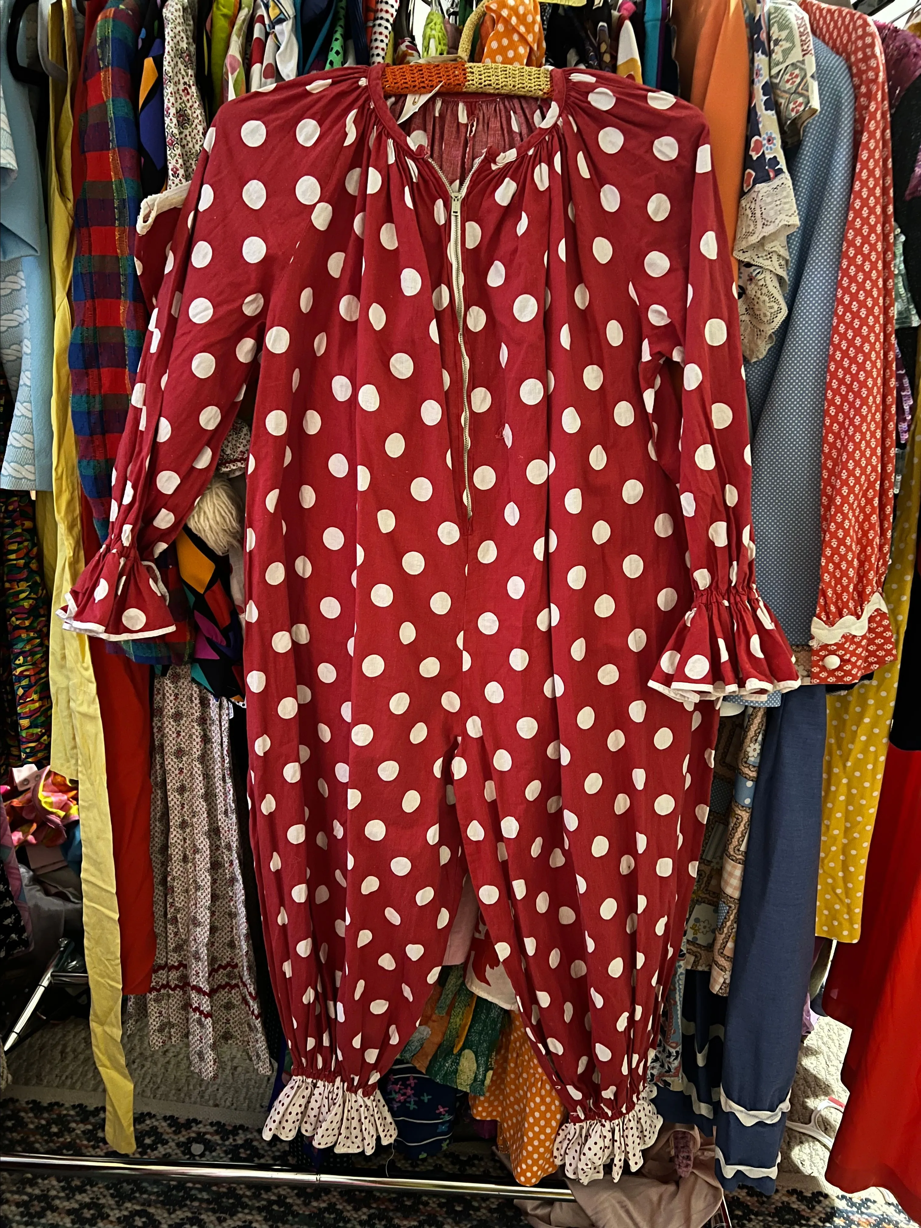 Product image for 1940s cotton polka dot kids clown jumpsuit & hat