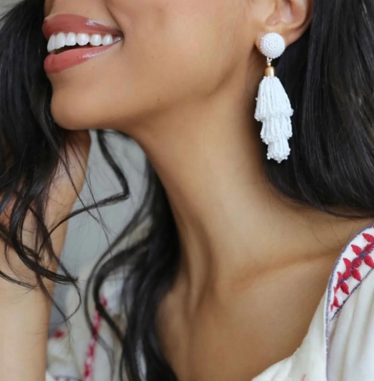 Product image for PANACEA WHITE Beaded Tassel Earrings (New)