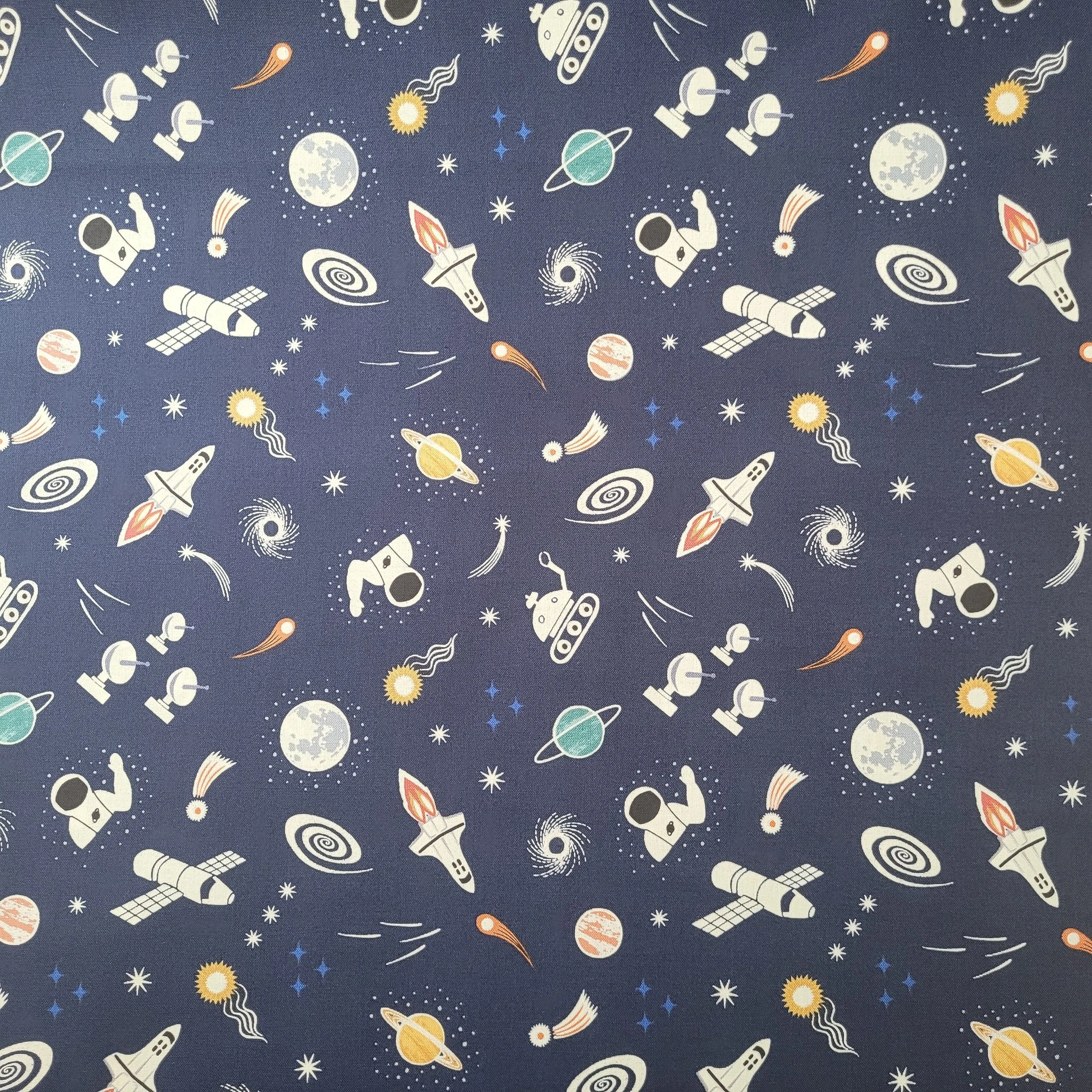 Product image for 1/2 yard glow space small things on blue. Lewis and Irene fabric. 100% cotton.