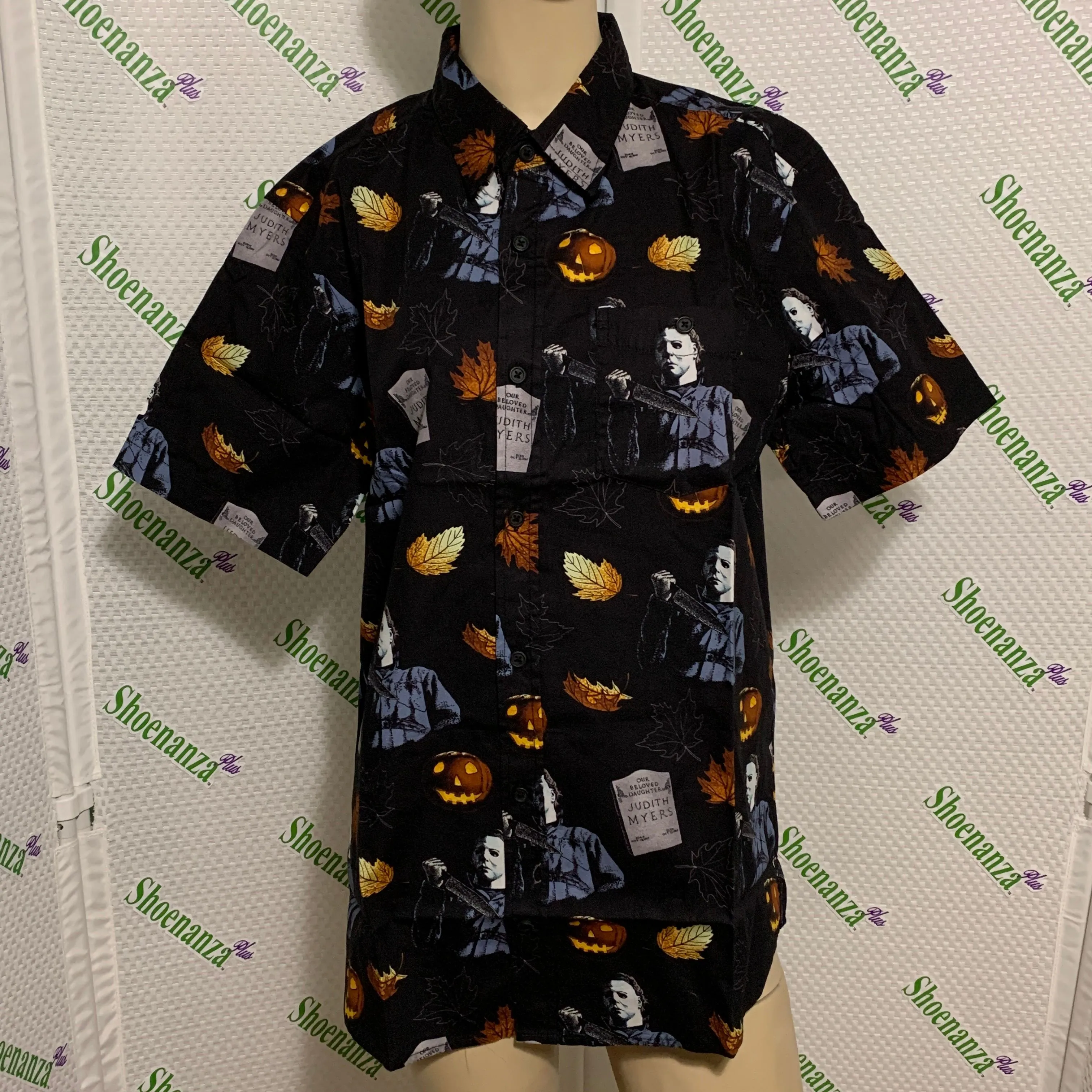 Product image for Middle Of Beyond Button Down Shirt Halloween Michael Myers Pumpkin Black Mens M