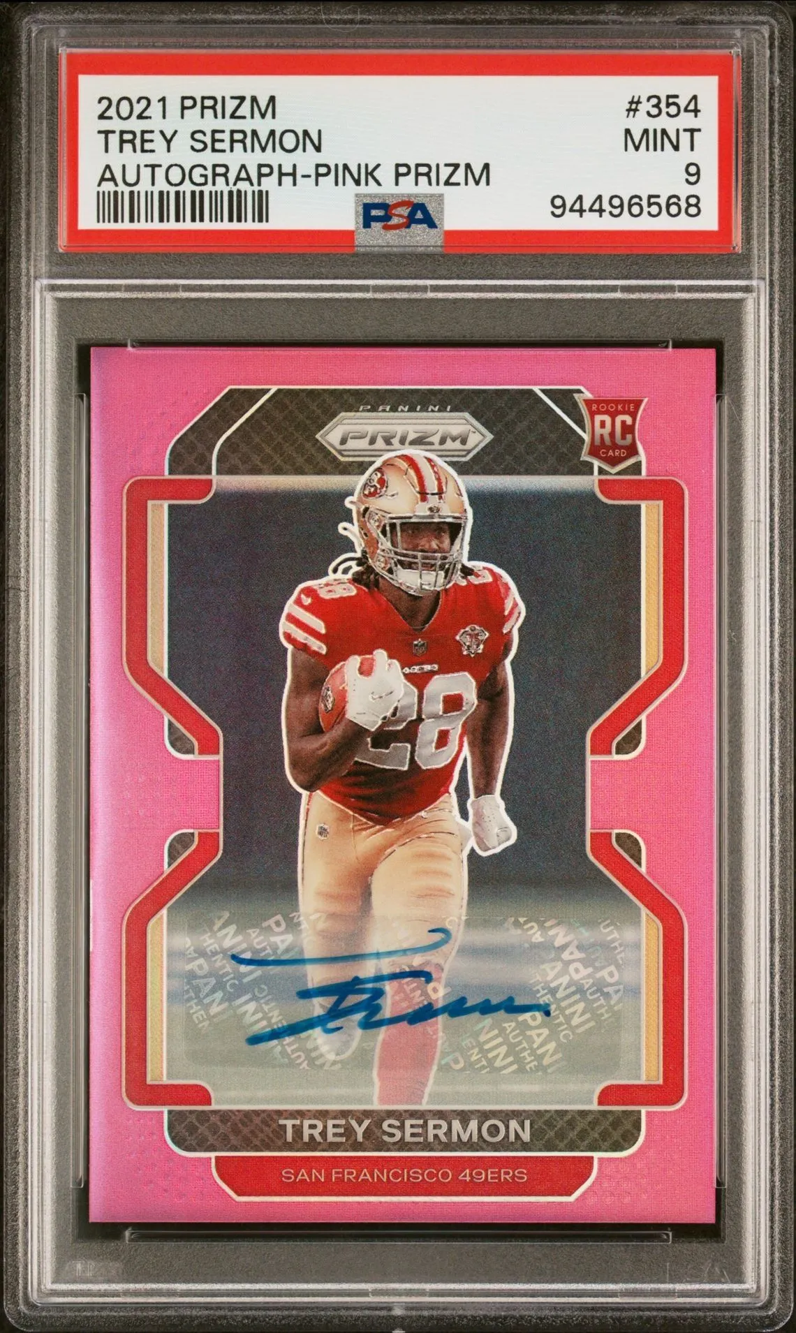 Product image for 2021 Panini Prizm Trey Sermon Rookie Auto 354 Pink Prizm PSA MINT 9