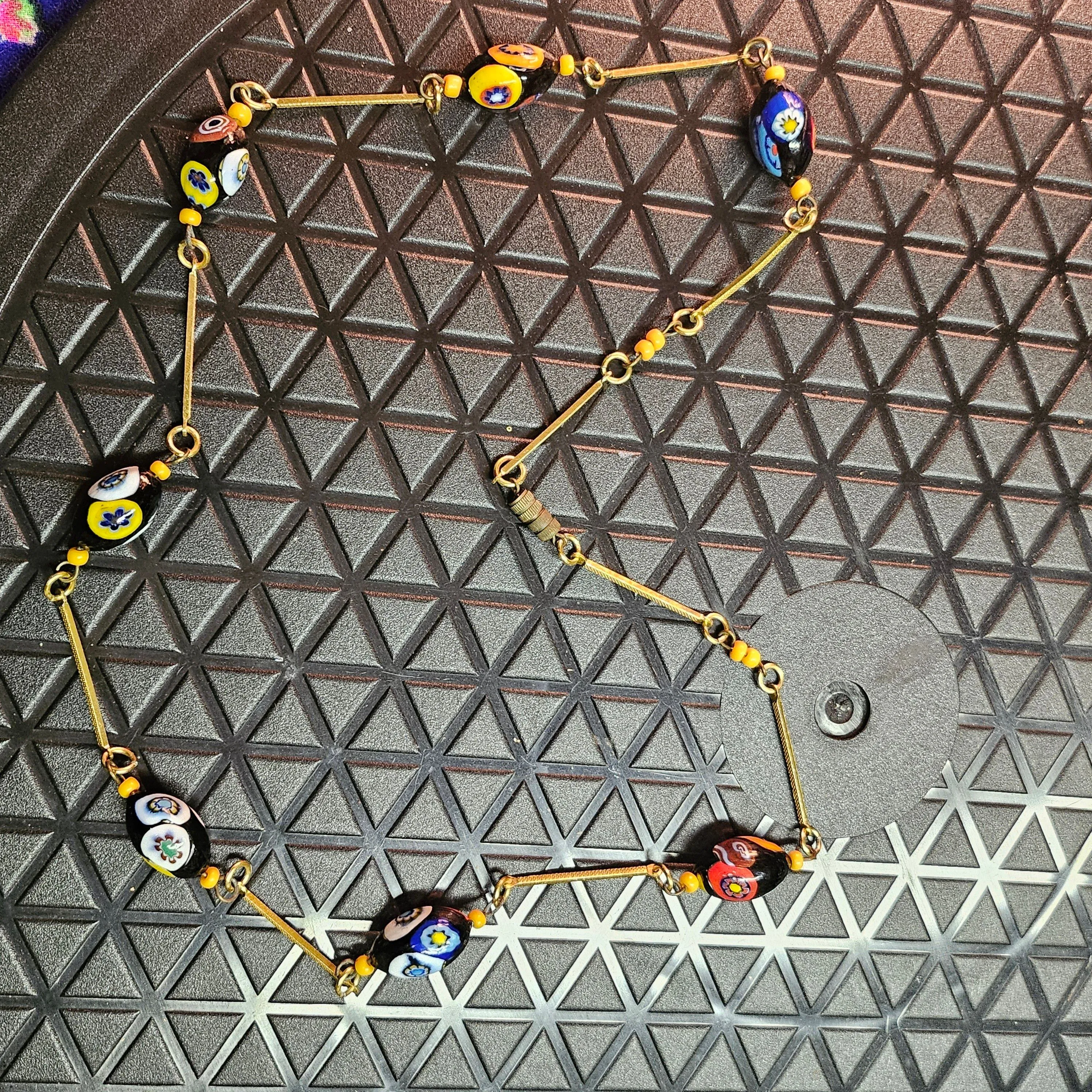 Product image for 24" Long Vintage Murano Millefiori Murrine Cut Cane & Metal Large Oval Beads Barrel Clasp Gold Tone