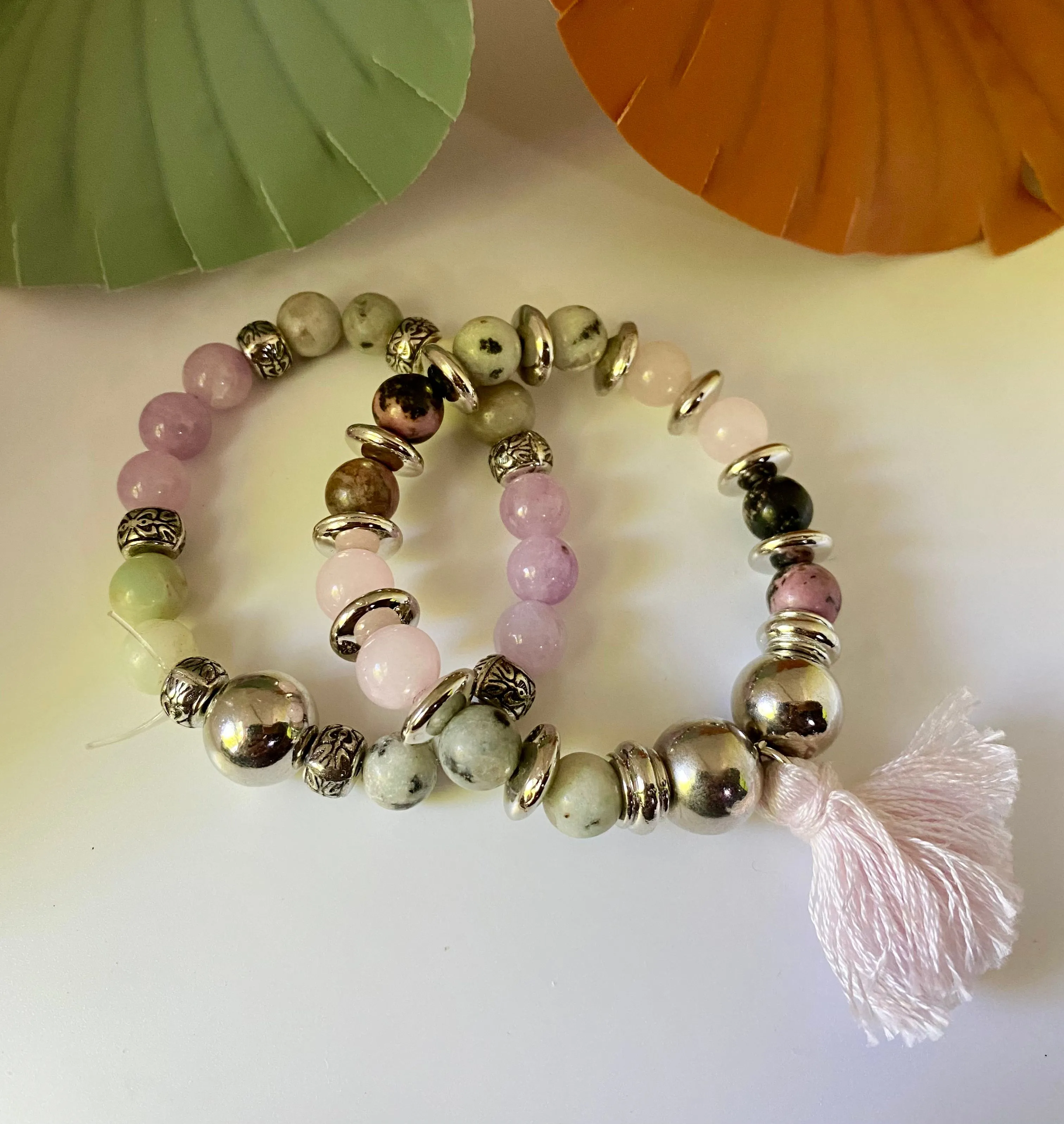 Product image for Pink Quartz, Rhodonite and Dalmatian Jasper Bracelet