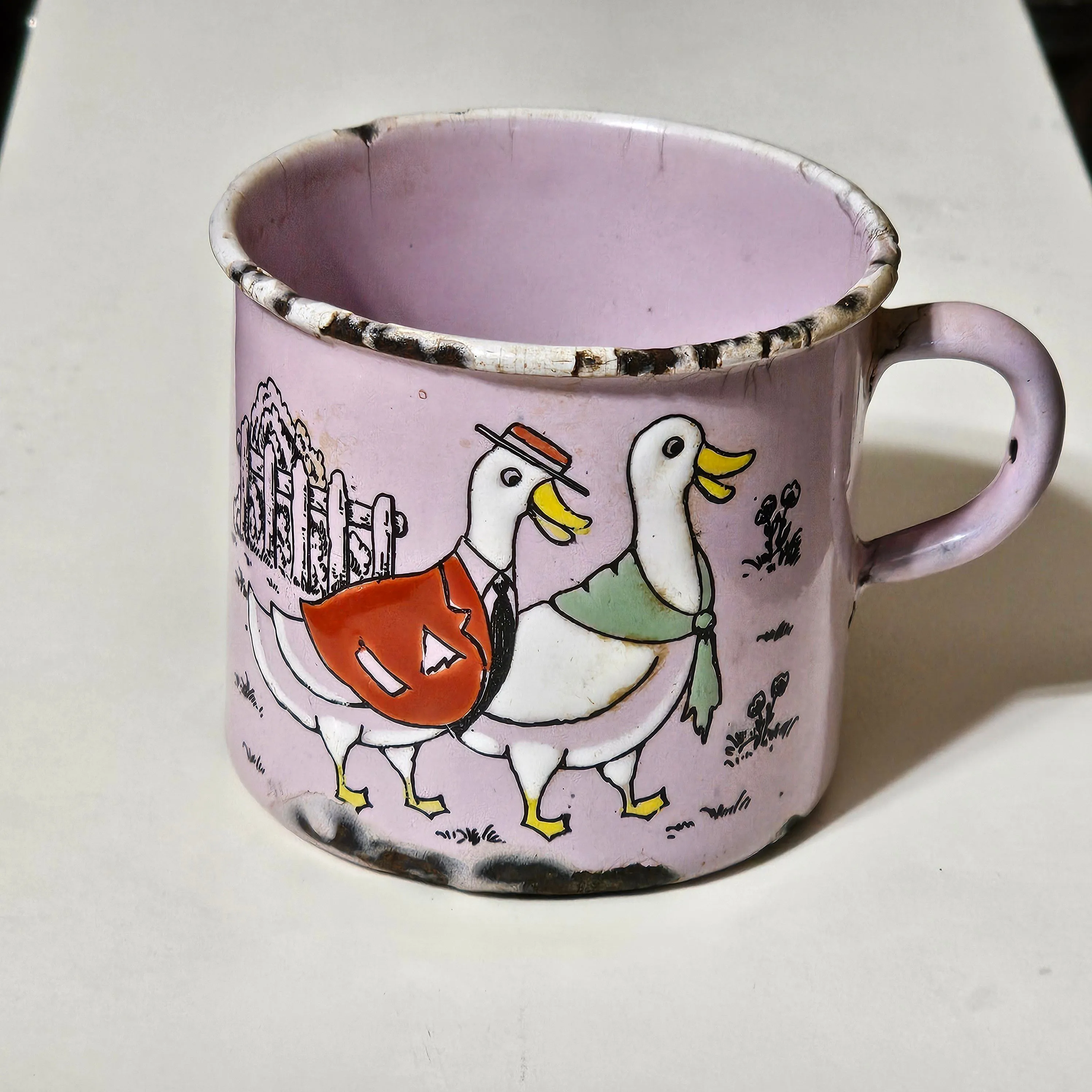Product image for Pink Enamelware Goose Geese chippy enamel cup
