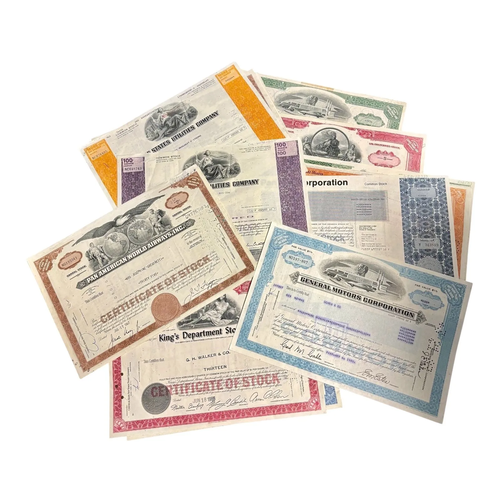 Product image for 09. Vintage Stock Certificates - CHOICE of 2! Pan Am, Railroad, Utilities, Unique Stores, and More!