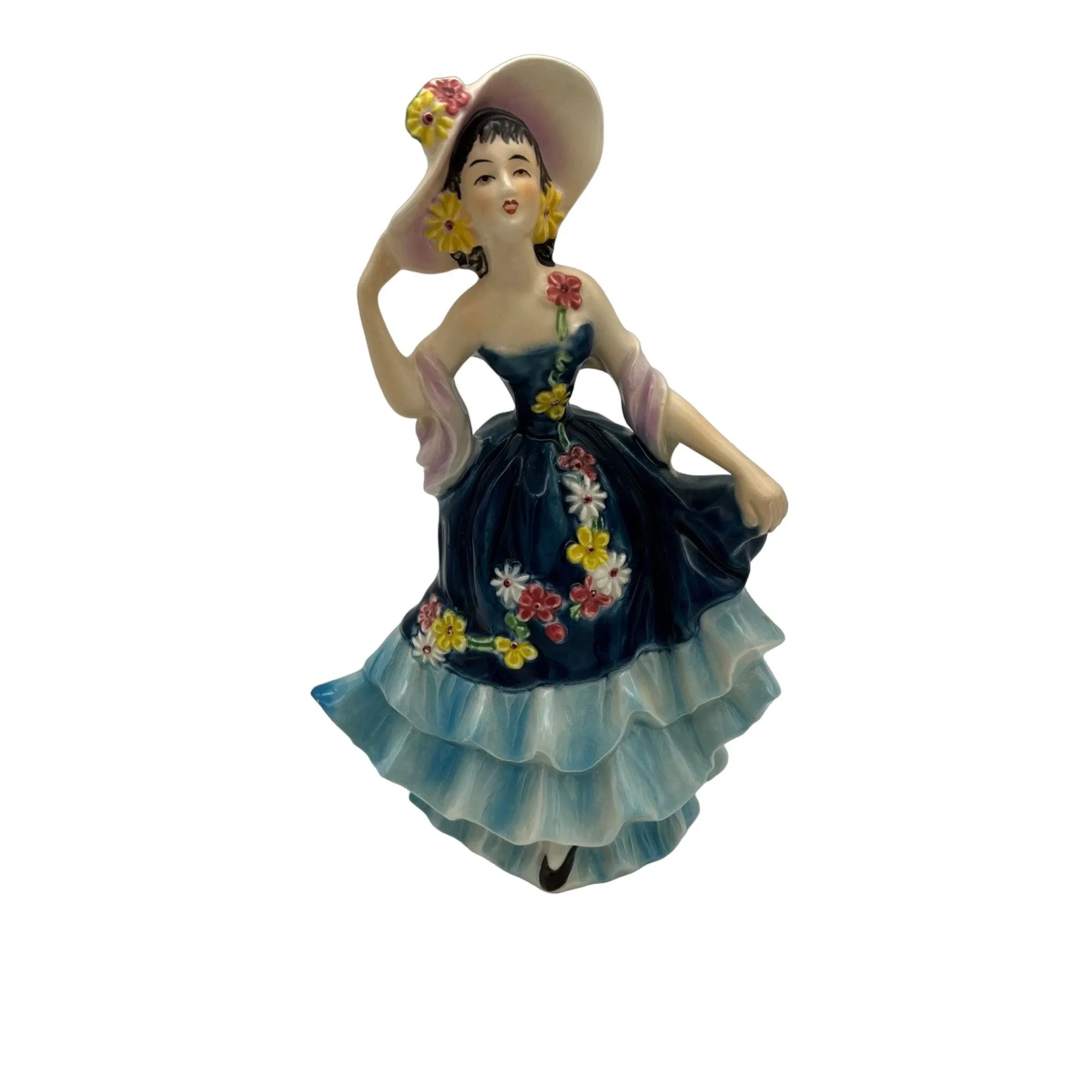 Product image for Goebel Figurine The Visitor Lady w/ Blue Floral Dress FF273 8" ca 1970s