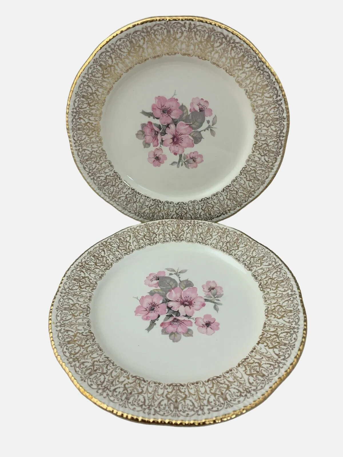 Product image for 1953 Homer Laughlin Pair Bread Plates Floral Pattern & Gold Filigree Trim 6.25"