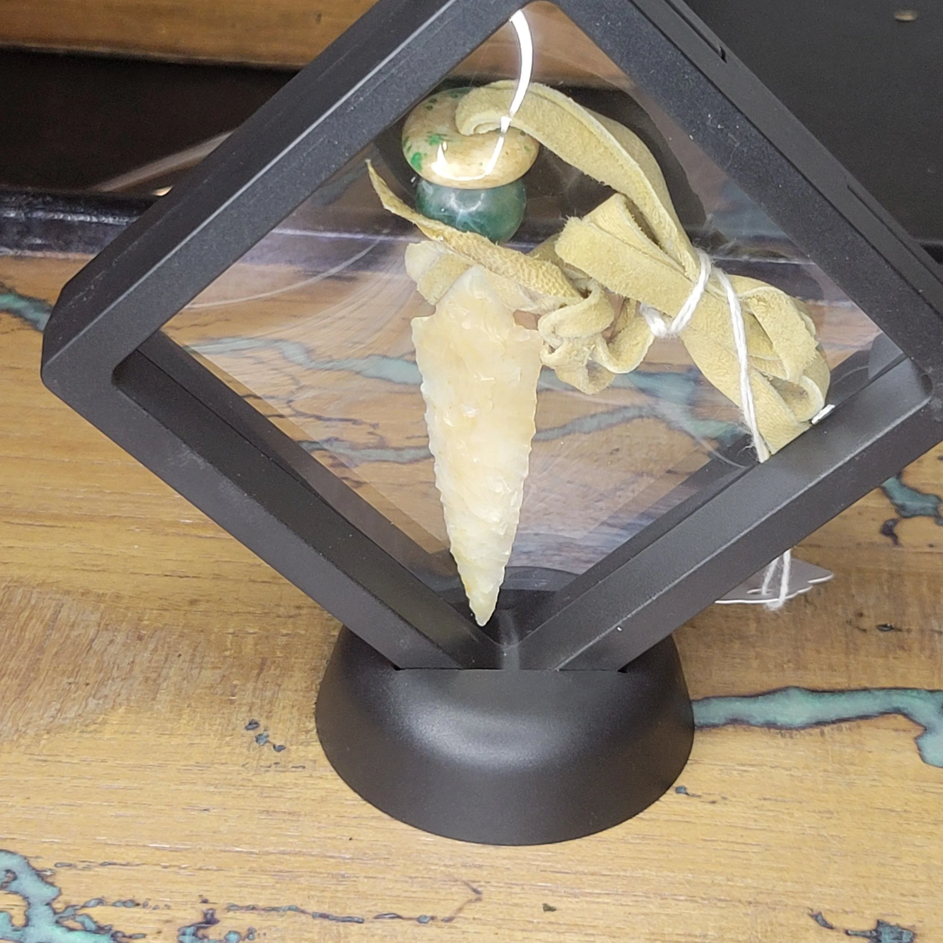 Product image for Handcrafted Flint Knapped Arrowhead Pendant with Bison Bone dyed with Moss on Buckskin Tann