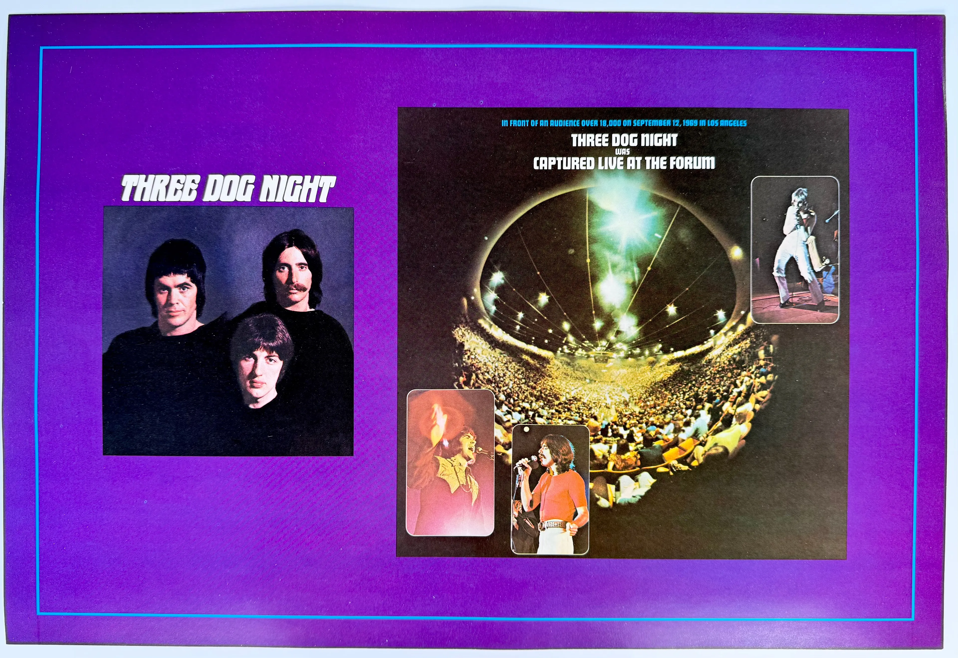 Product image for 1970 THREE DOG NIGHT Vintage BOOK COVER Poster LIVE At Forum LP Rexall DUNHILL