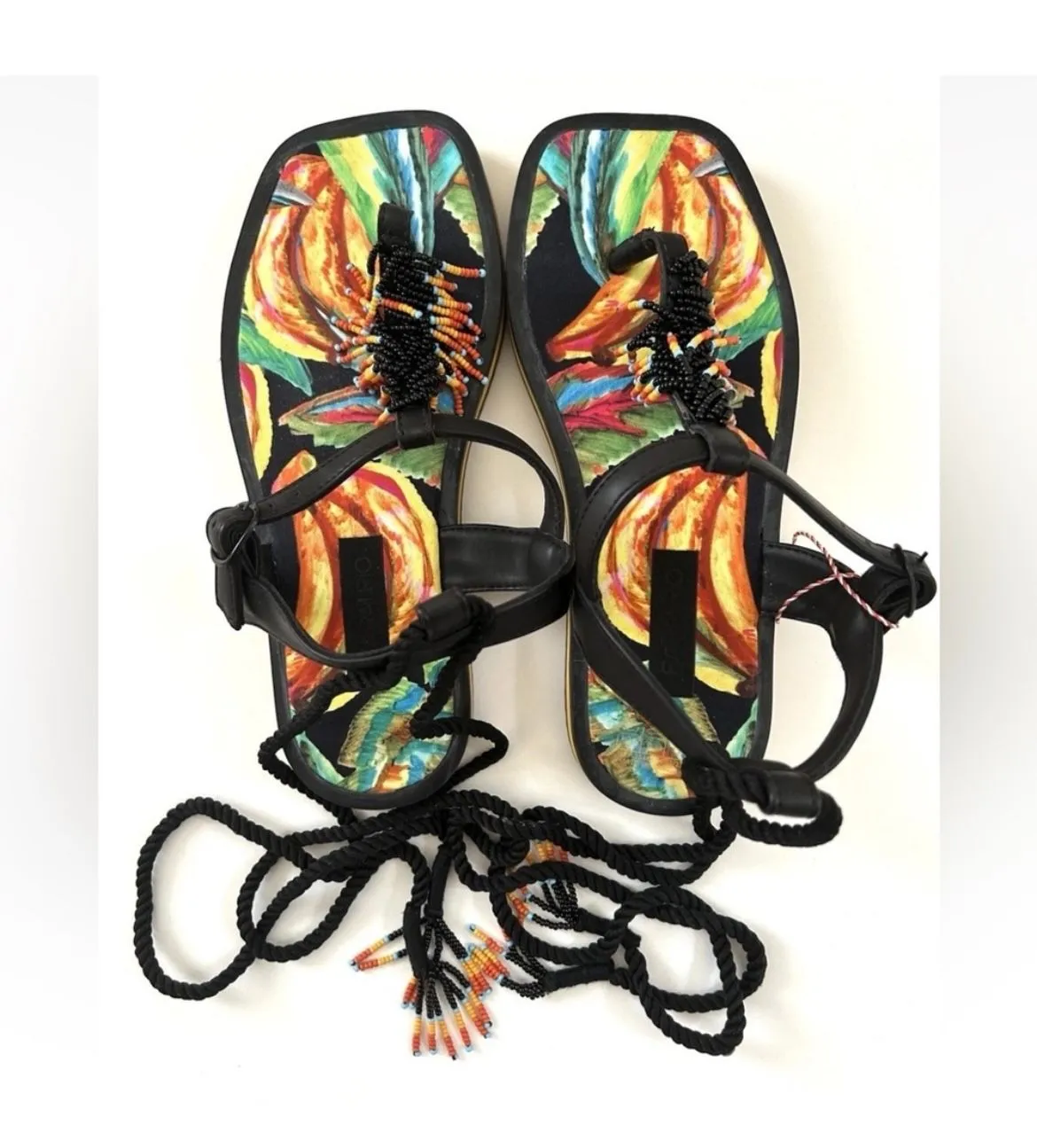 Product image for Farm Rio Black Multicolored Beaded Pietra Tropical Banana Tie Sandals Size 6