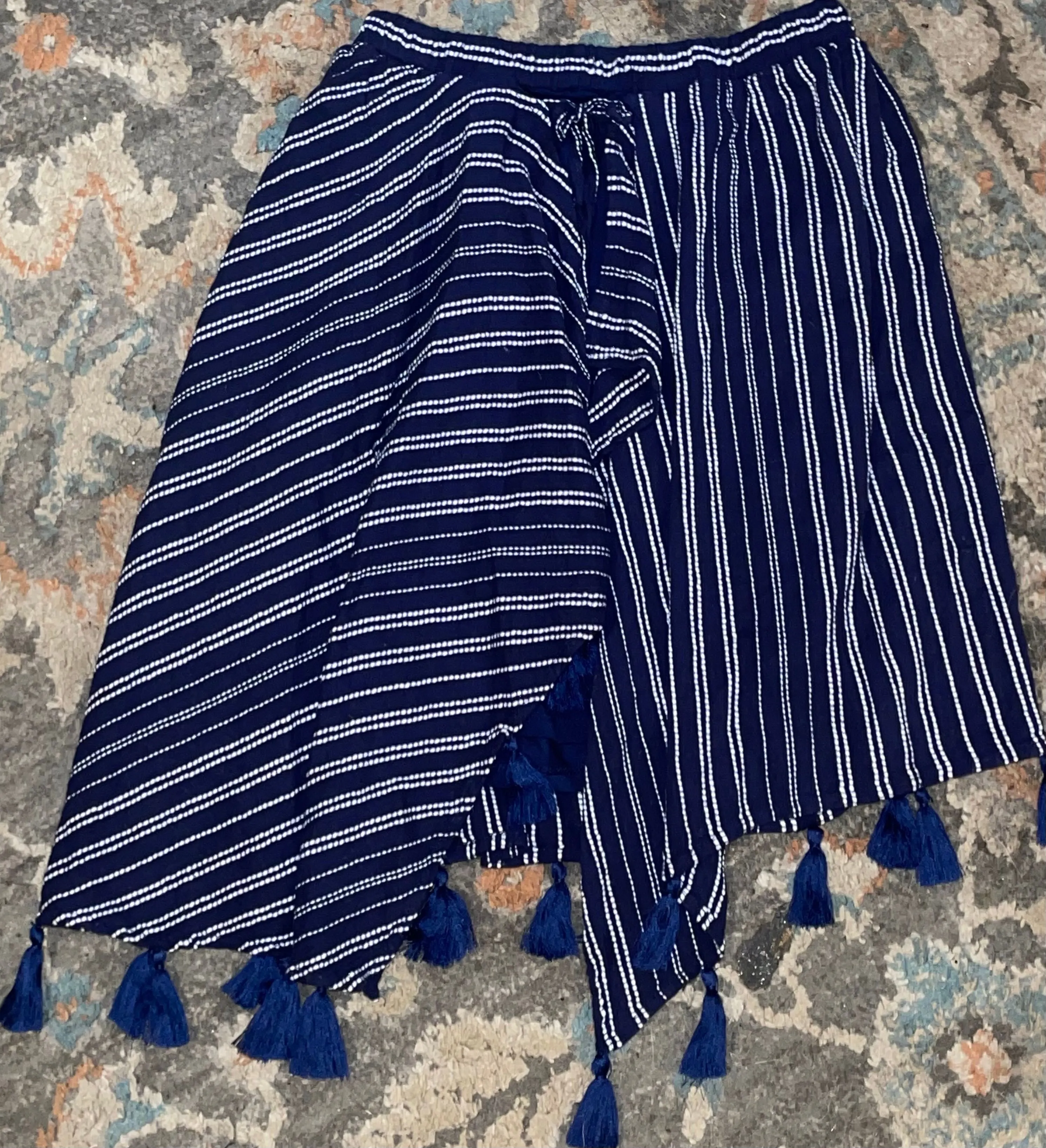 Product image for Aerie Womens XS Navy Blue Striped Wrap Skirt Tassel Hem Stretch Waist Boho