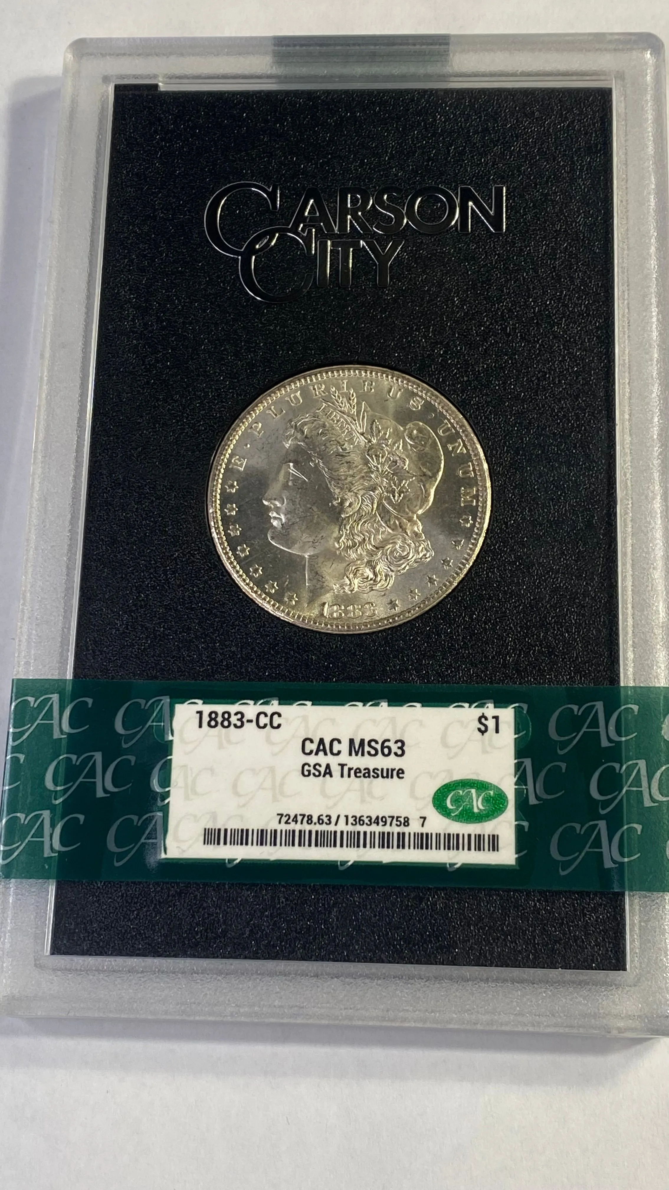 Product image for 1883-CC Morgan Silver Dollar CAC Graded MS63 GSA Hoard Treasure Box