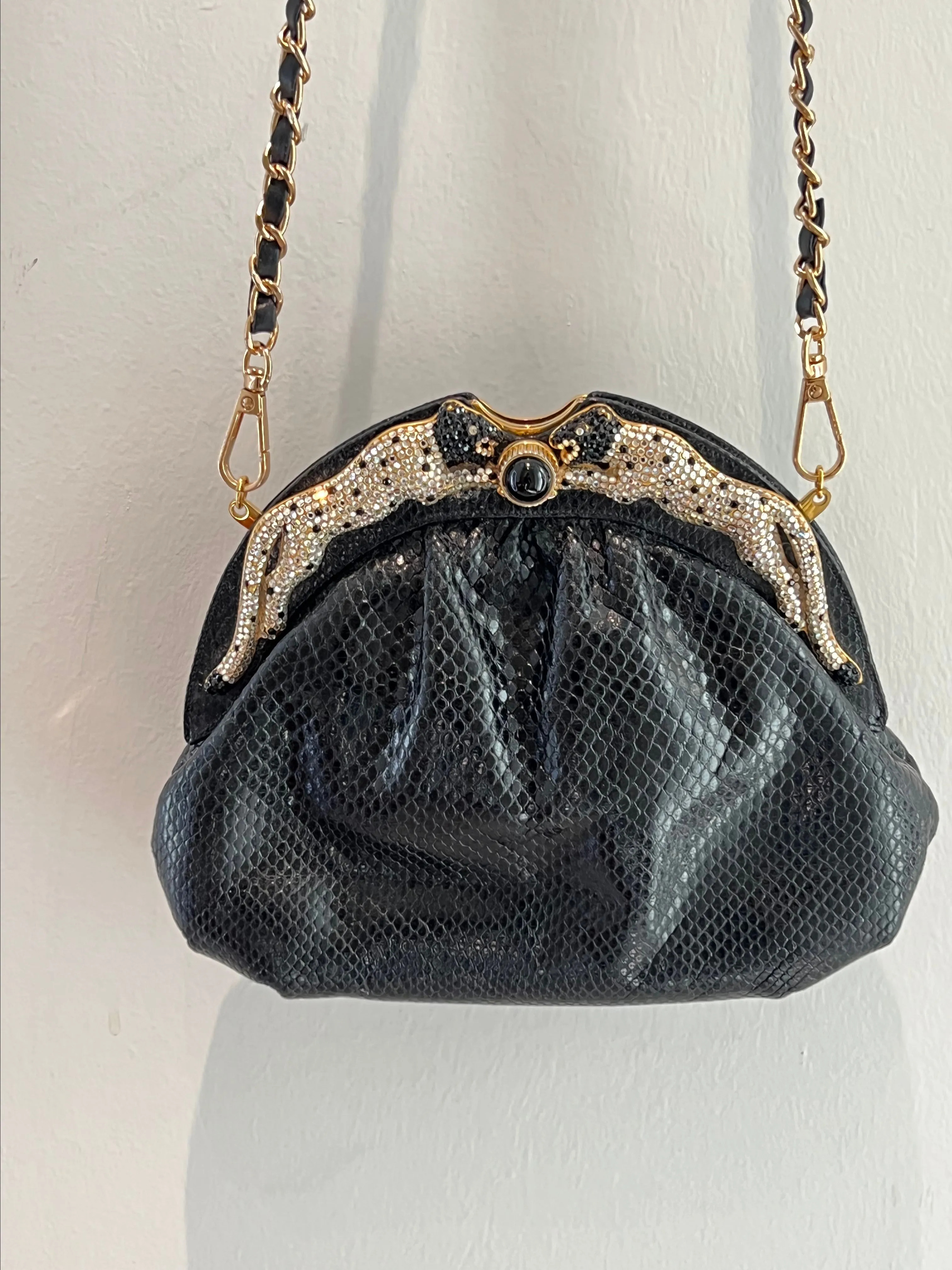 Product image for Black Crystal Leopard Vintage Snake Evening Bag