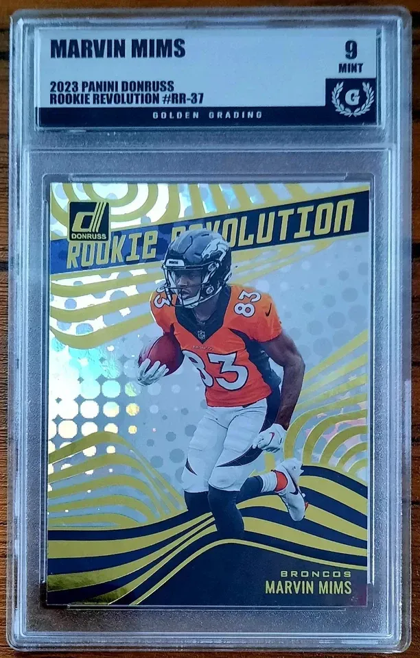 Product image for Marvin Mims 2023 Panini Donruss Rookie Revolution RC #RR-37 Golden Grading (GG) 9 Mint 