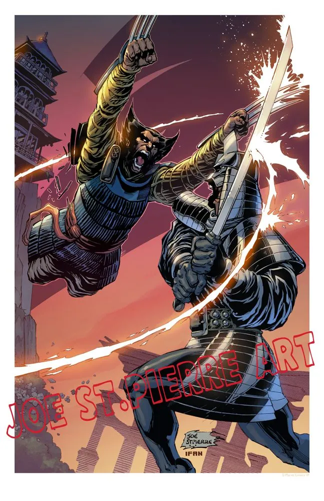 Product image for 330 SAMURAI WOLVERINE v. SILVER SAMURAI print SIGNED by Marvel Comics SPIDER-MAN VENOM DC Image artist Joe St.Pierre! X-Men