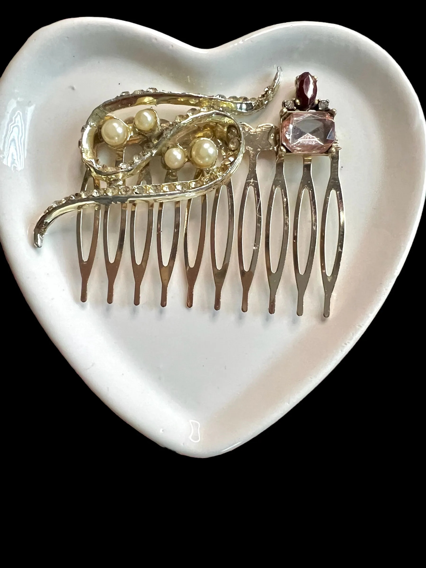 Product image for G3. Handcrafted gold metal hair comb made with repurposed vintage pin and necklace pieces