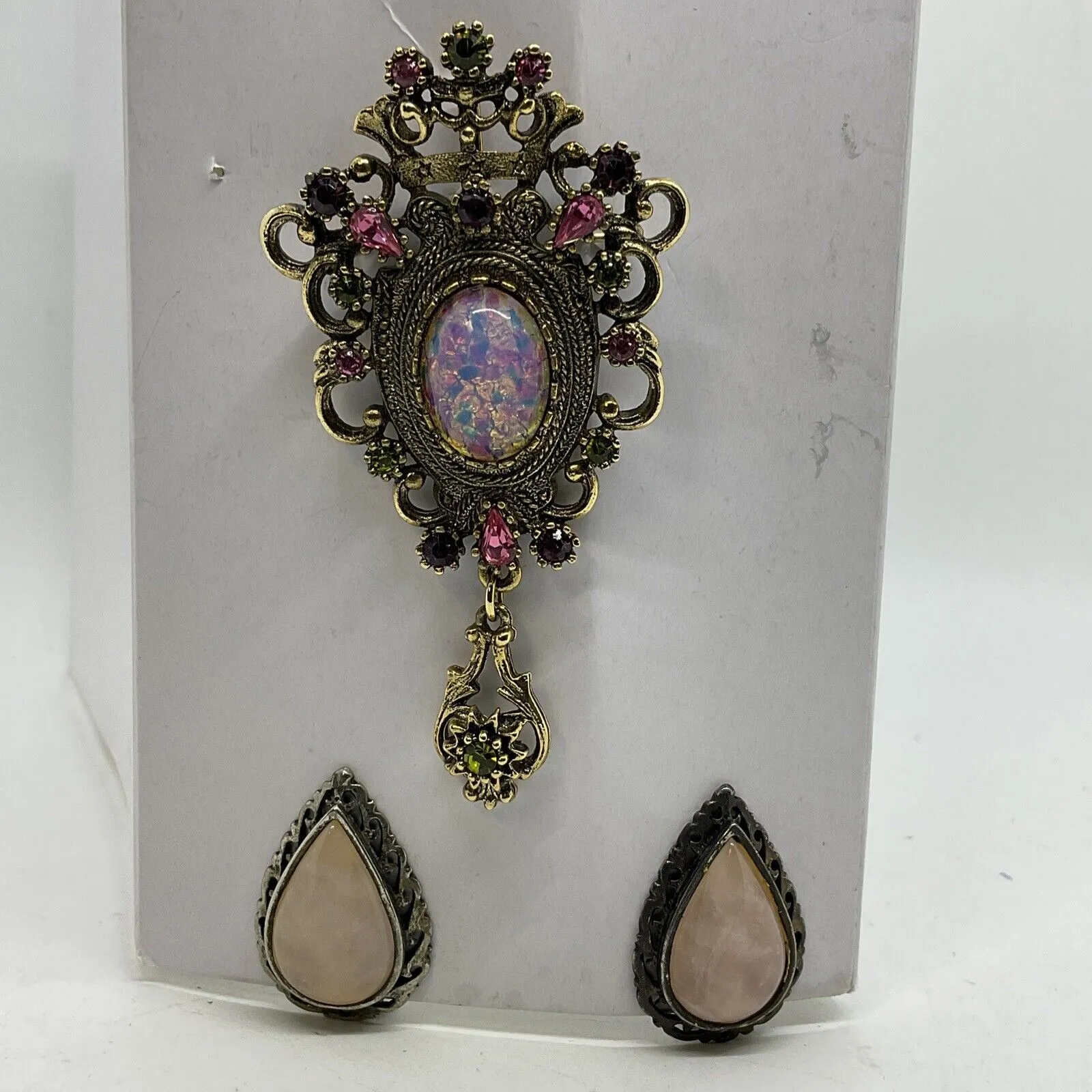 Product image for Vintage Sarah Coventry Faux Opal Contessa Brooch & Rose Quartz Clip On Earrings