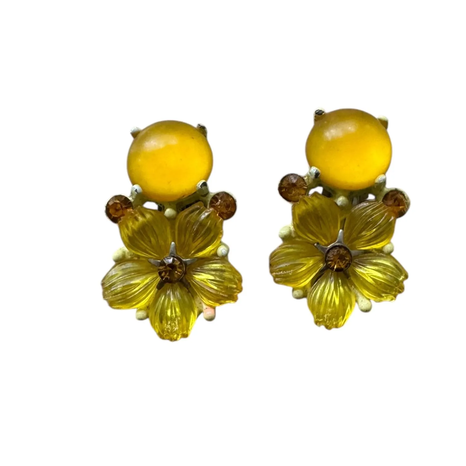 Product image for 24.  Vintage Yellow Flower Rhinestone Glass Accents Clip On Earrings
