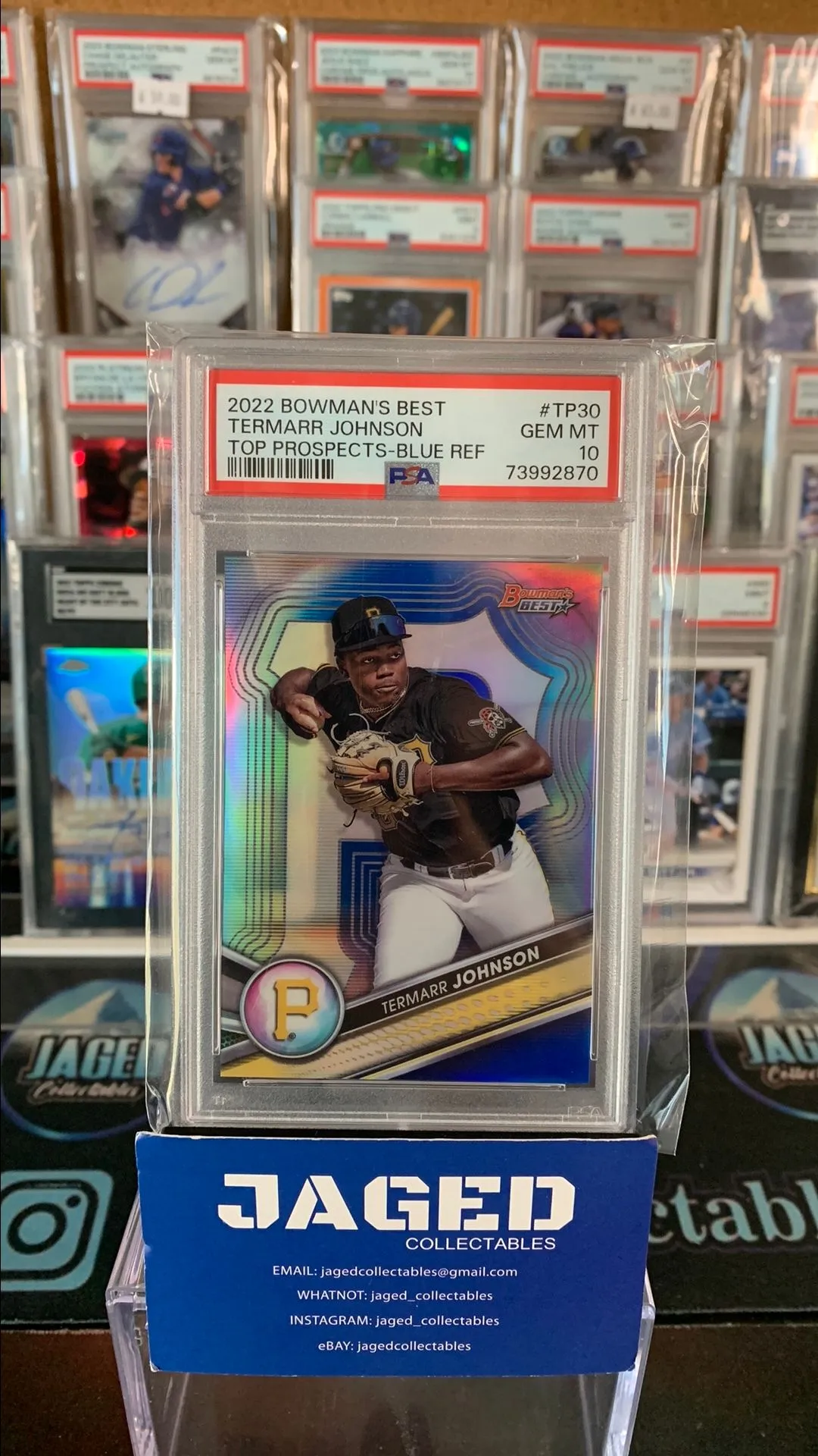 Product image for 2022 Bowman'S Best Top Prospects Termarr Johnson TP30 Top Prospects-Blue Ref PSA GEM MT 10