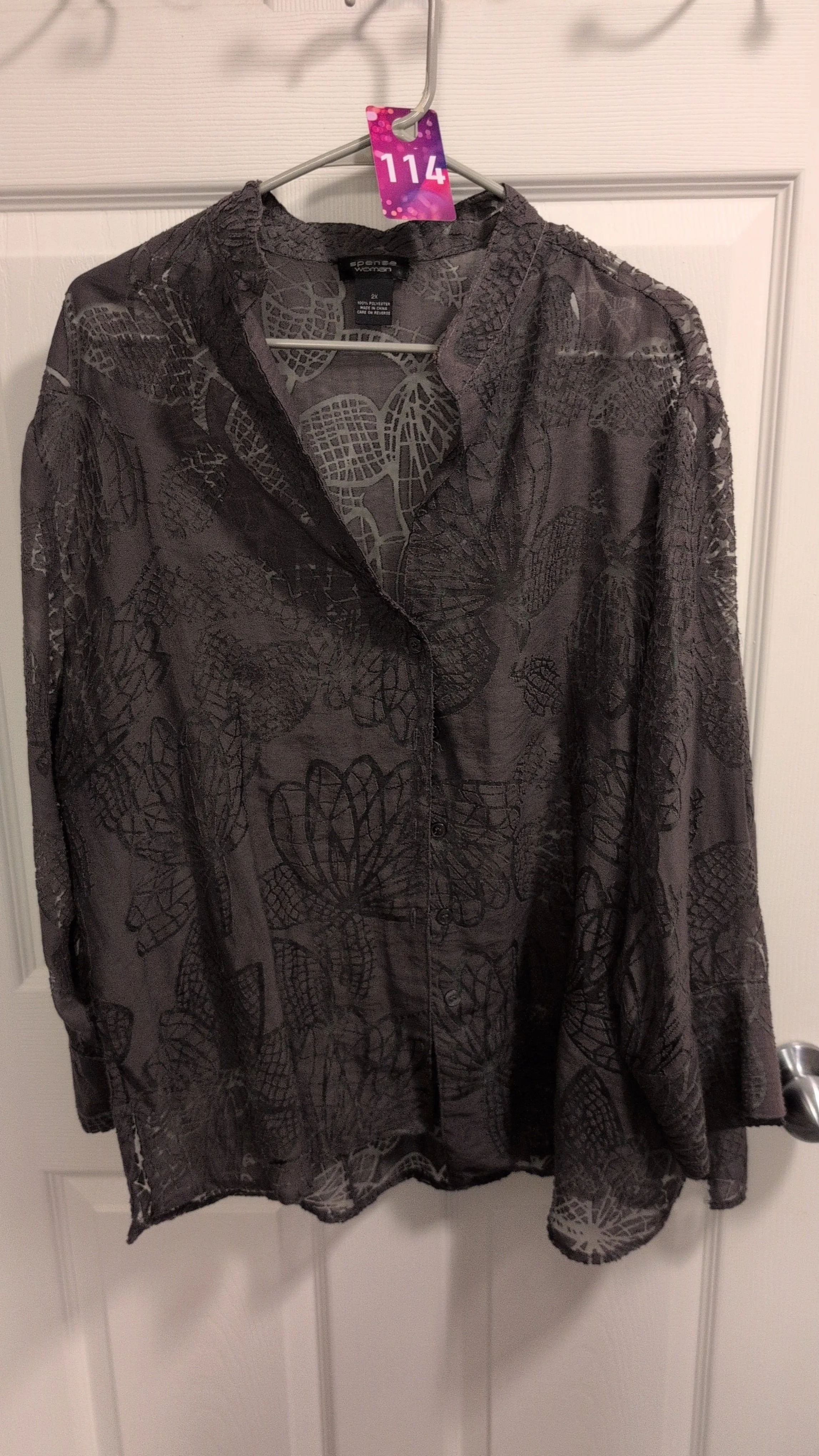 Product image for z114 Spense Woman dark olive green burnout floral print button up size 2X