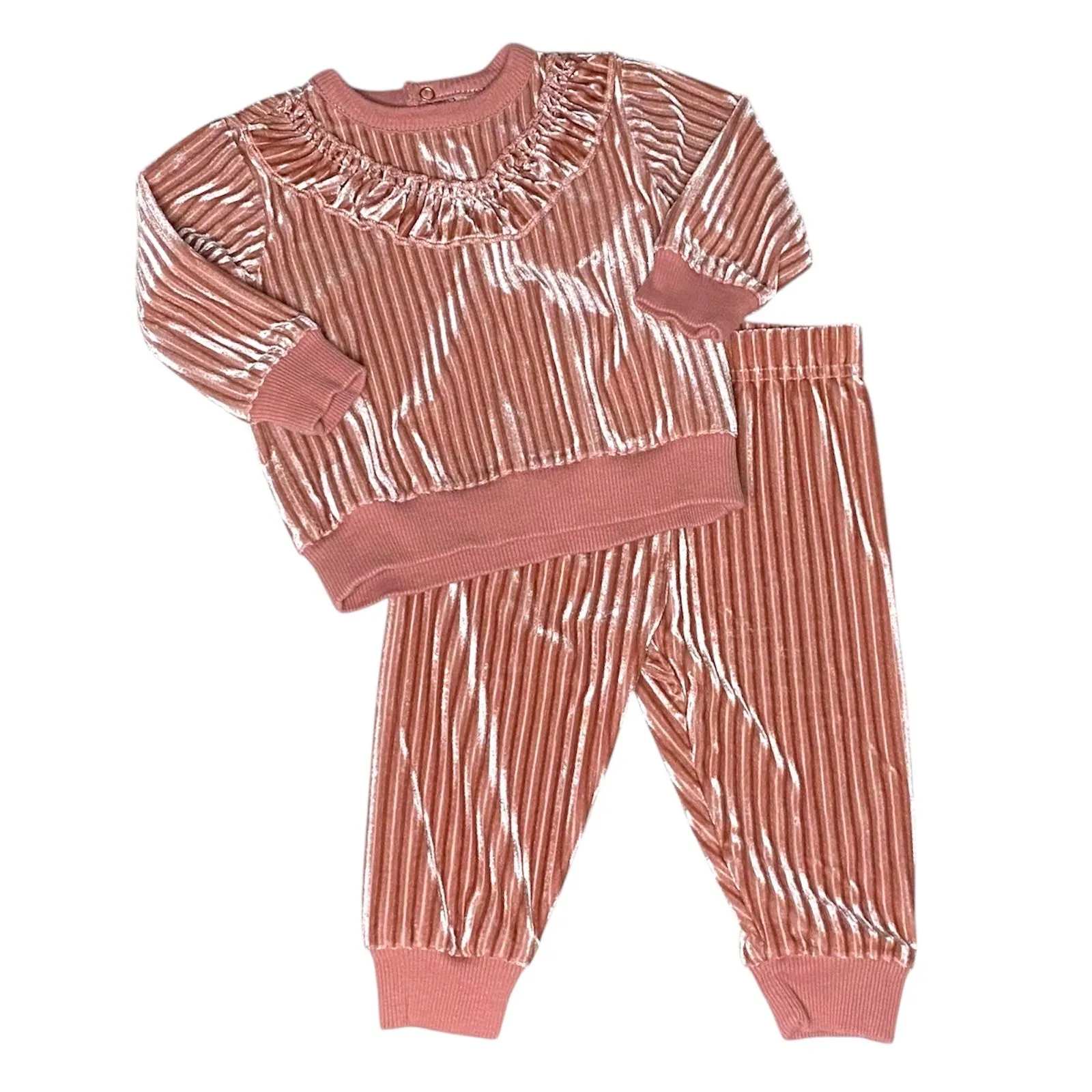 Product image for Tahari Baby Pink Velvet Velour Ribbed Ruffle Two Piece Outfit Size 6-9M