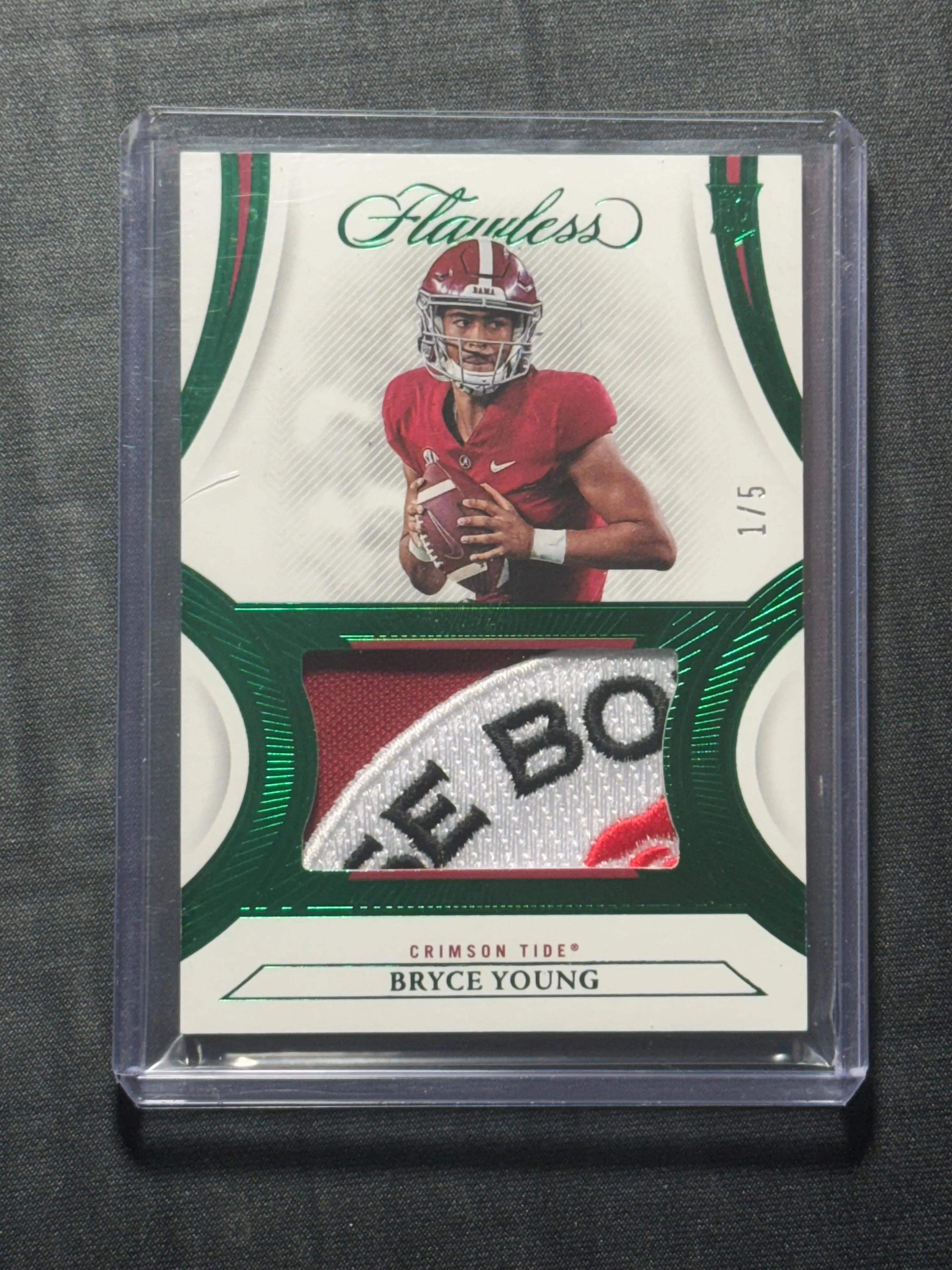 Product image for 2023 Panini Flawless Bryce Young Emerald Rookie Rose Bowl Patch RC 1/5