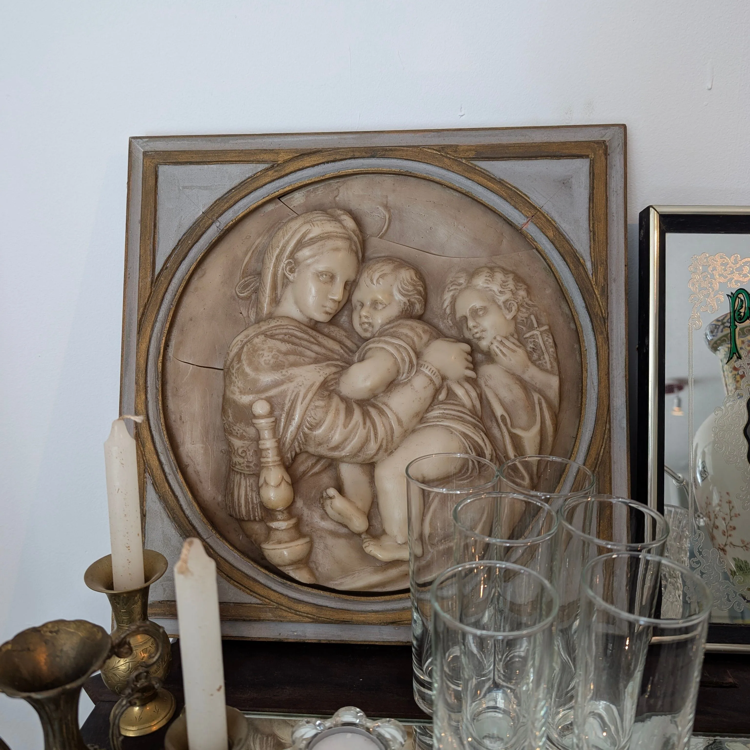 Product image for French Antique Wax Relief Carving Madonna Christ Cherub