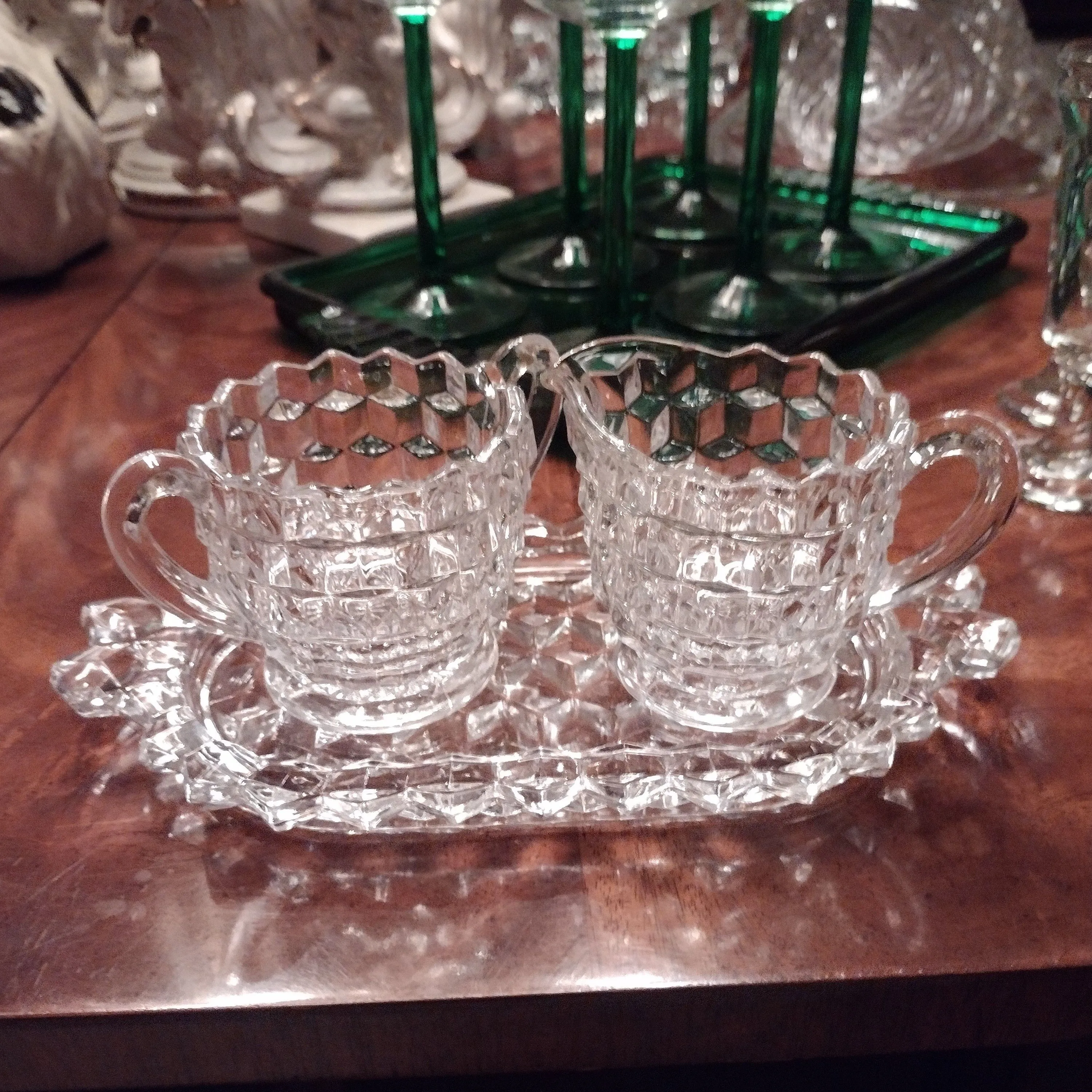Product image for Antique 1920's Creamer, Sugar & Tray Set American Clear (Stem 2056) by FOSTORIA Cube Motif Pressed P
