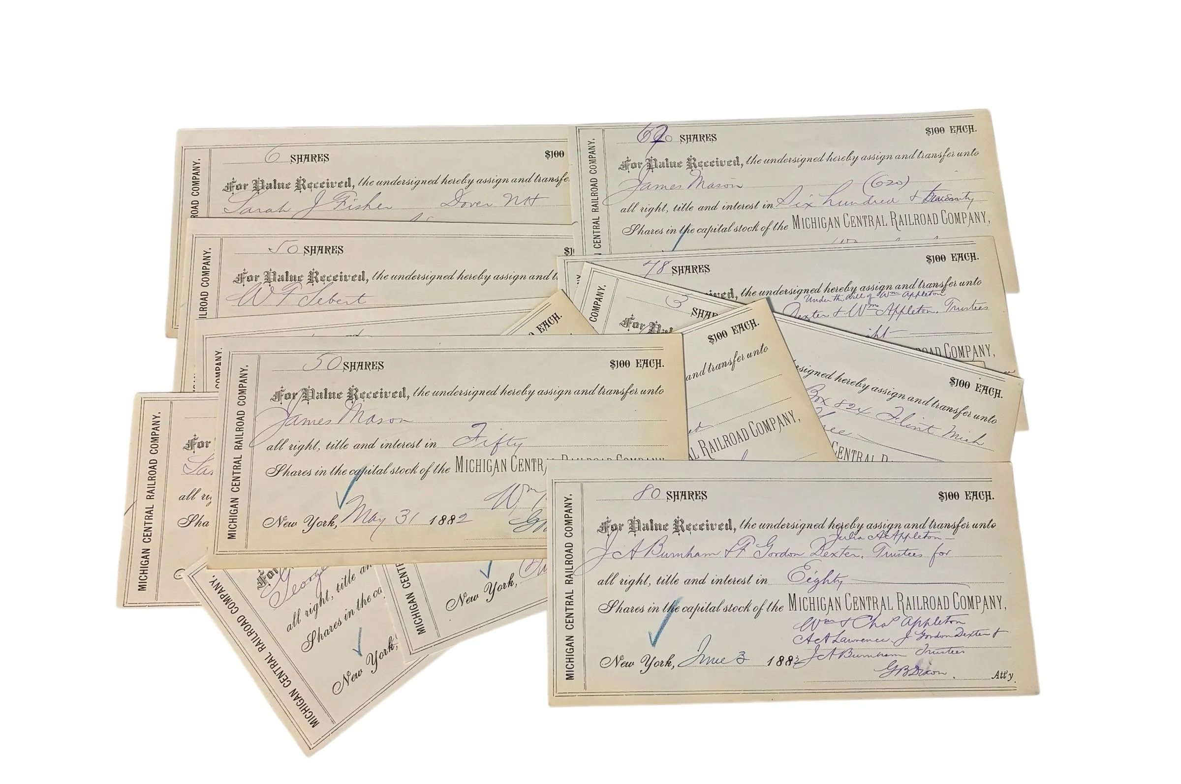 Product image for 06F. 12 Michigan Central Railroad Stock Transfer Receipts - 1882 - 12 ct.