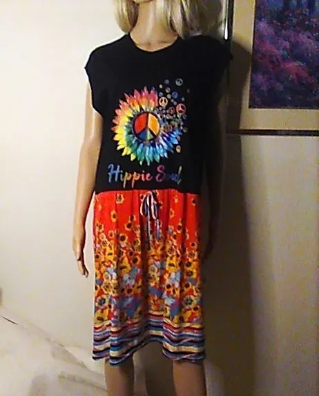 Product image for D11. Dress "Hippie Soul" XL Sleeveless Midi Colorful Upcycled Boho 
