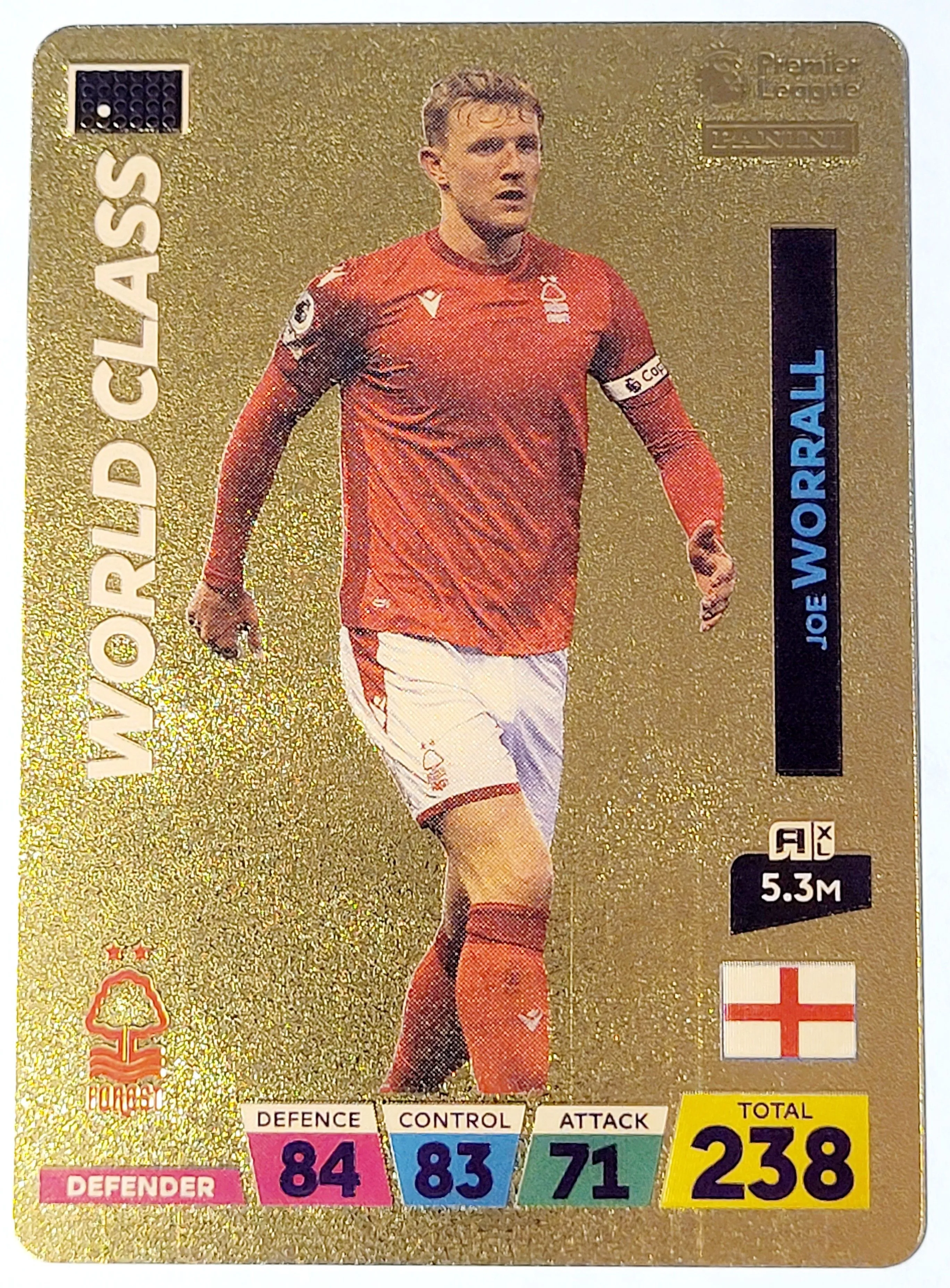 Product image for 2022 Joe Worrall Panini World Soccer Stars World Class Plastic Gold Color Card. Joseph Adrian Worral