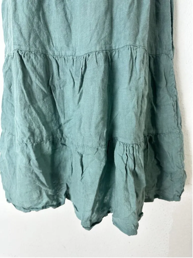 Vanessa Zani Tiered Linen Mini Dress Medium Green Made In Italy Beach Vacation1