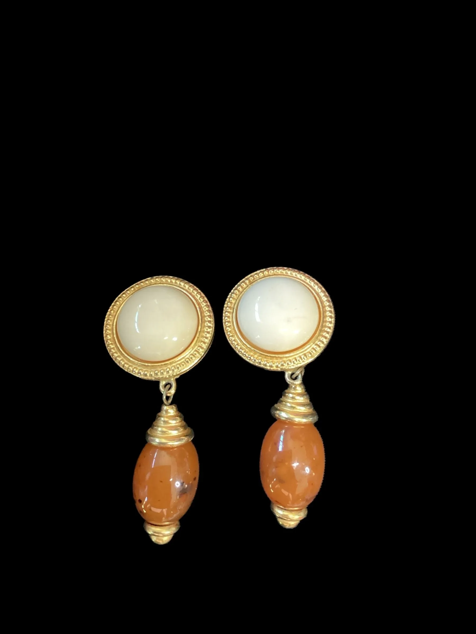Product image for Vintage Ben-Amun signed Ivory & Amber Clip Earrings (t65)