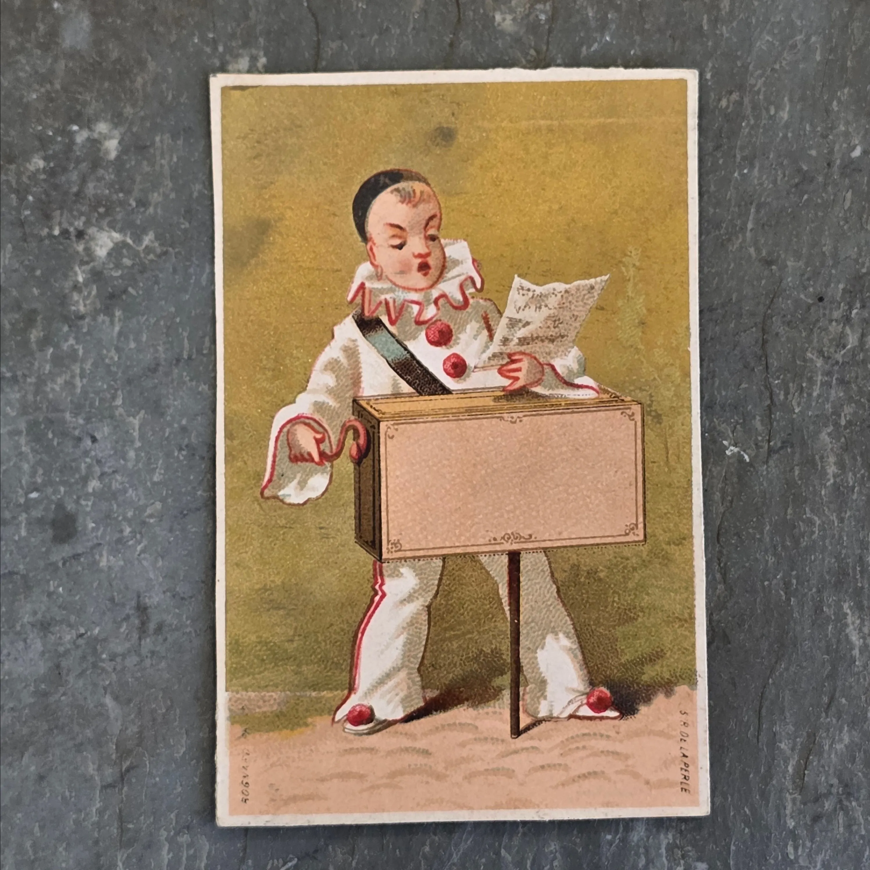 Product image for Antique French Blank Victorian Trade Card Child Clown Organ Grinder (WNB1-92)