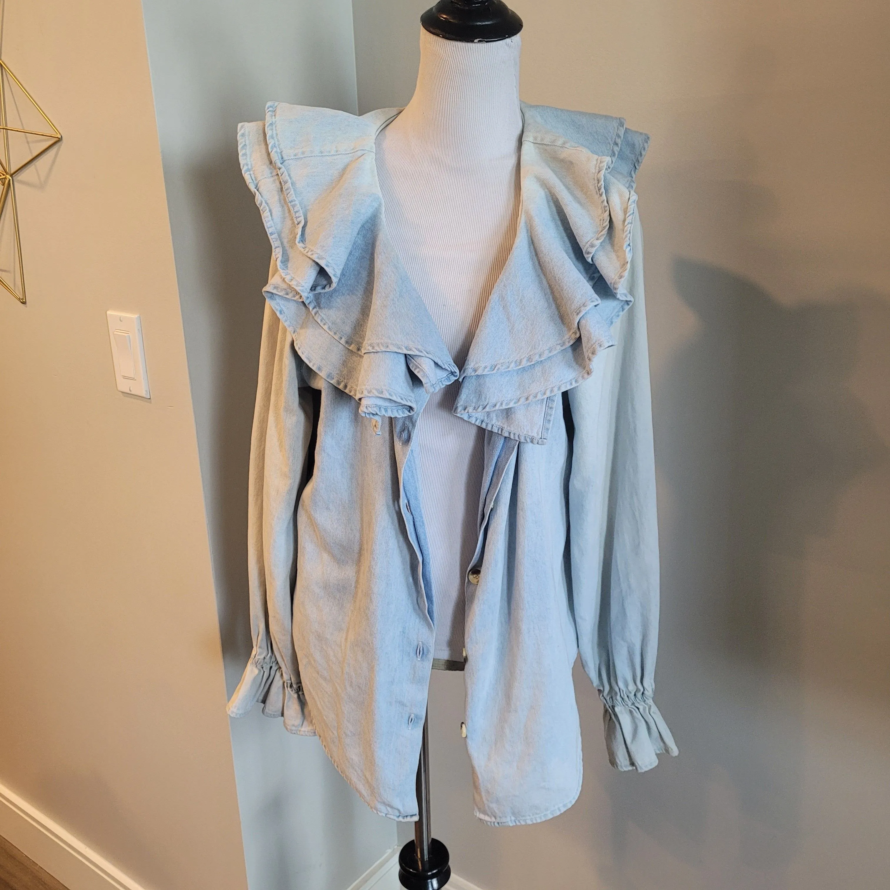 Product image for Vintage Ruffle Denim Blouse XXL Blue Pirate Boho