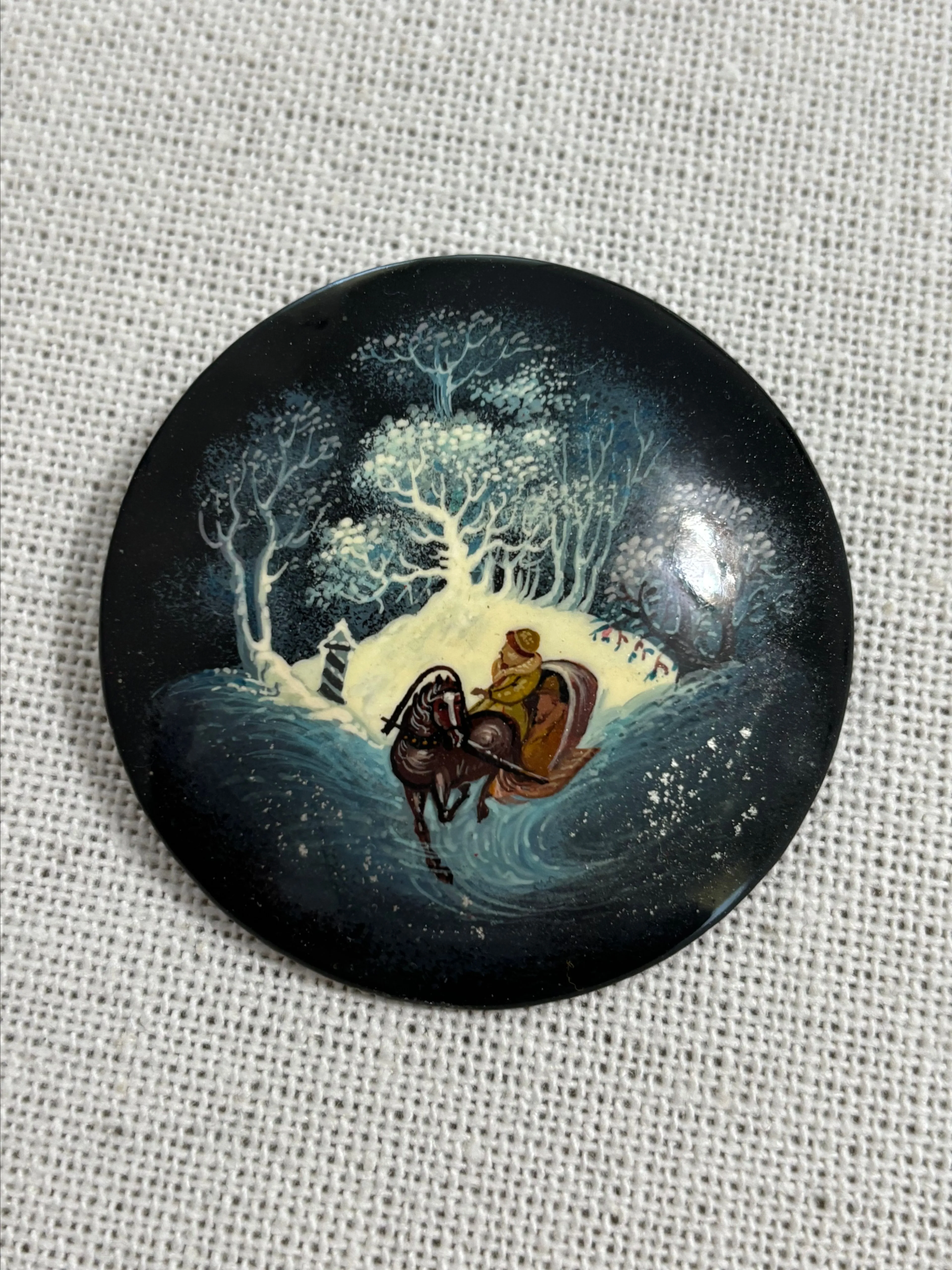 Product image for 322. Vintage Russian Lacquered Hand Painted Winter Brooch