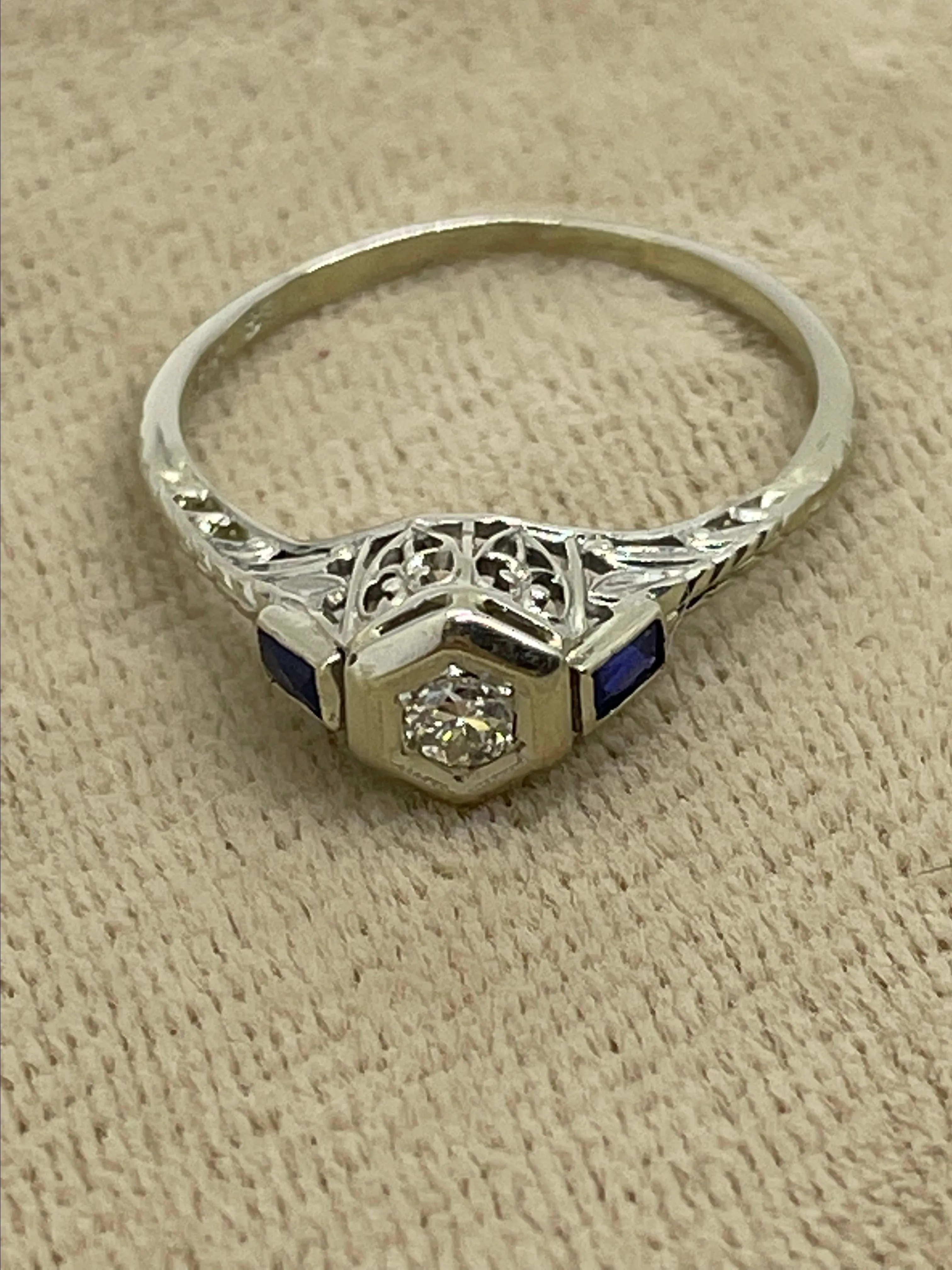 Product image for Antique BELAIS Art Deco 18k White Gold Euro Cut Diamond & Sapphire Ring-Sz 8